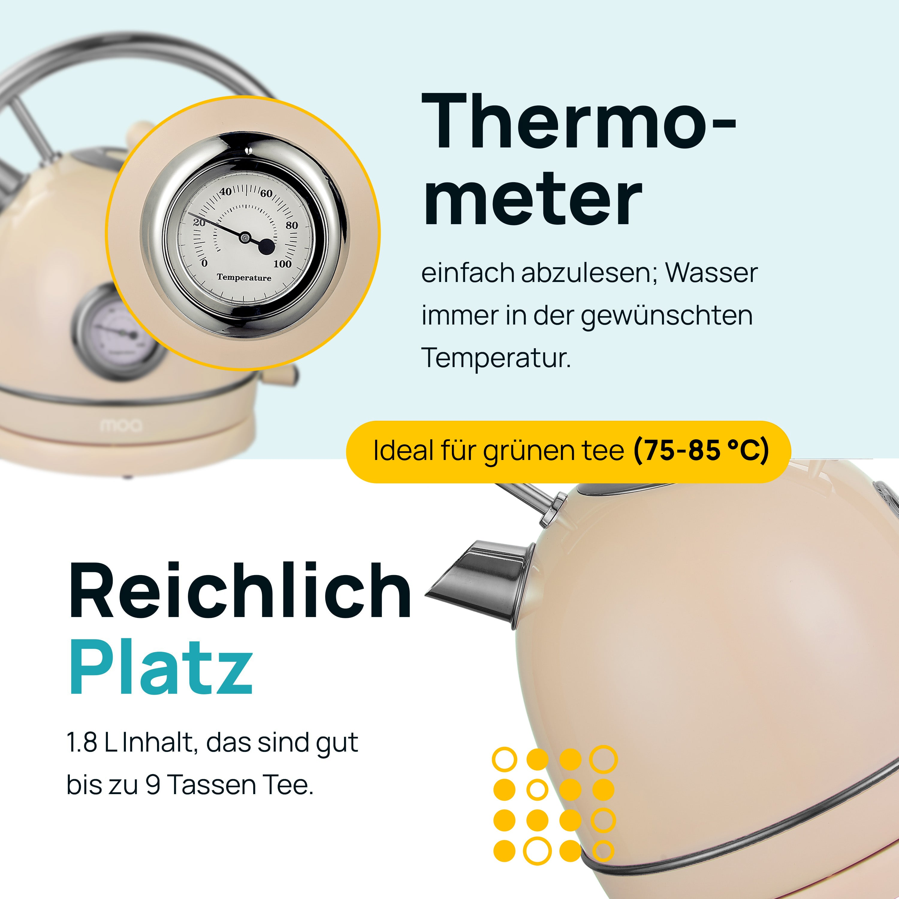 A beige kettle with a thermometer. Text explains thermometer, and space for green tea.