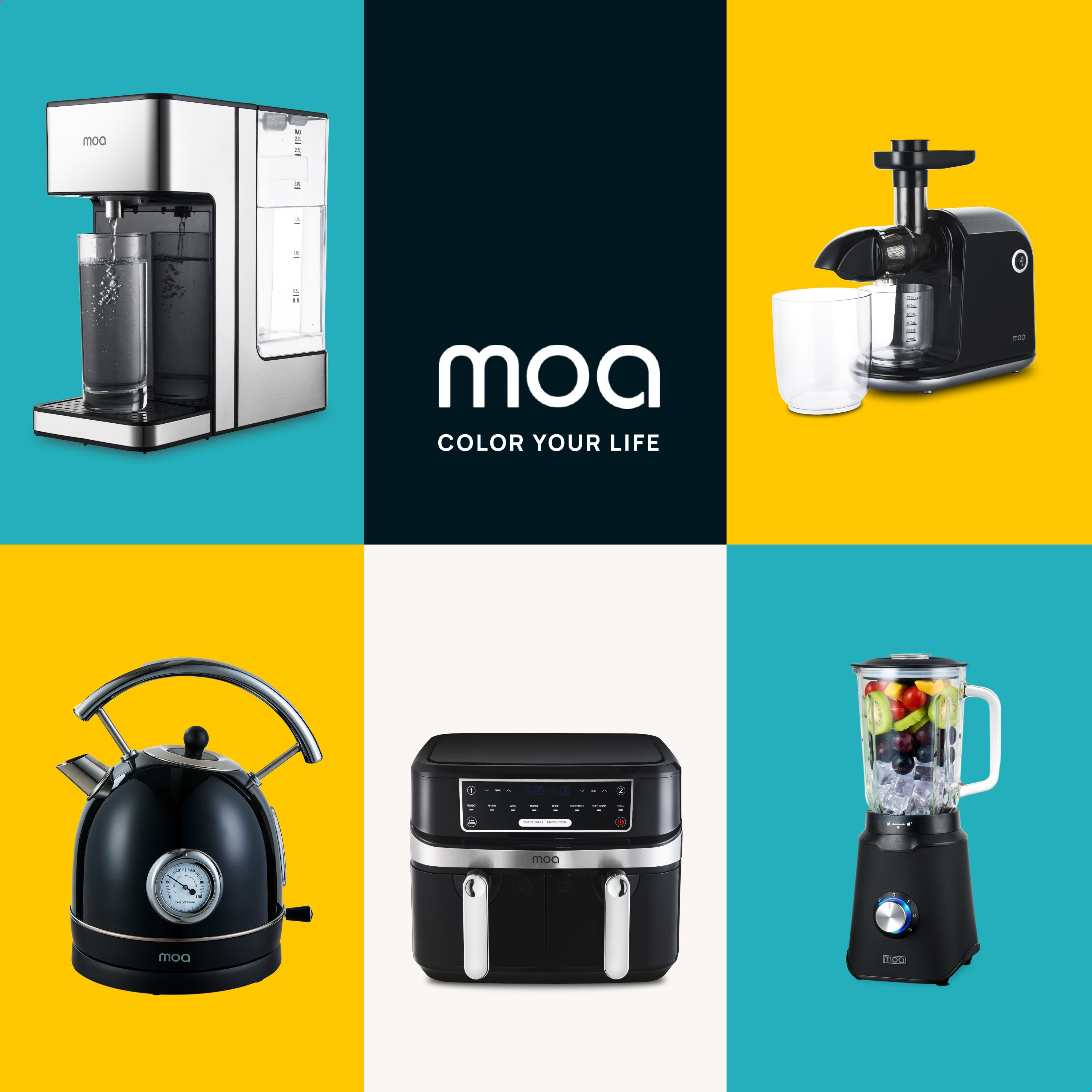A collage of Moa kitchen appliances: a water dispenser, juicer, kettle, air fryer, and blender.
