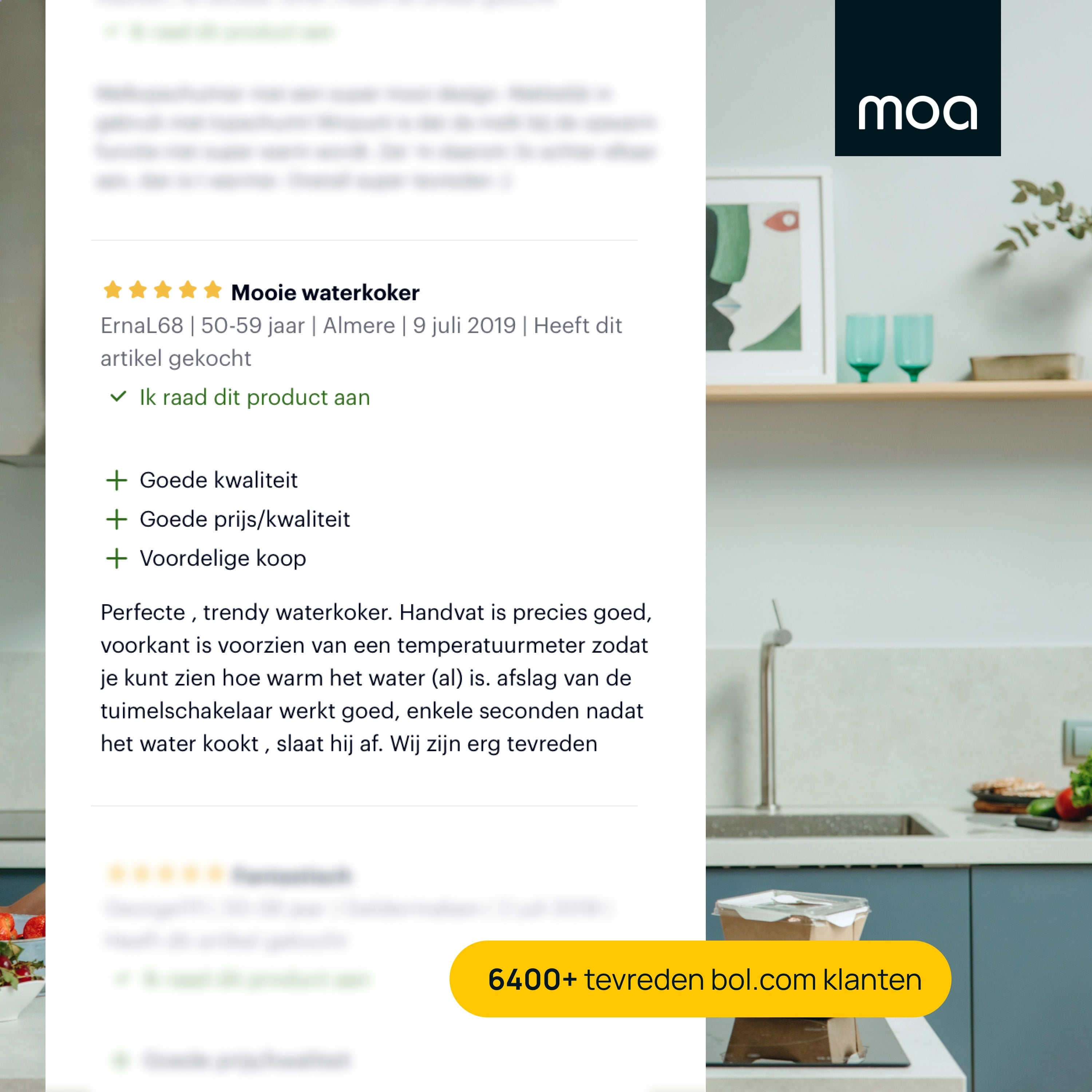 A review with text and a thumbs up icon, and a photo of a modern kitchen.