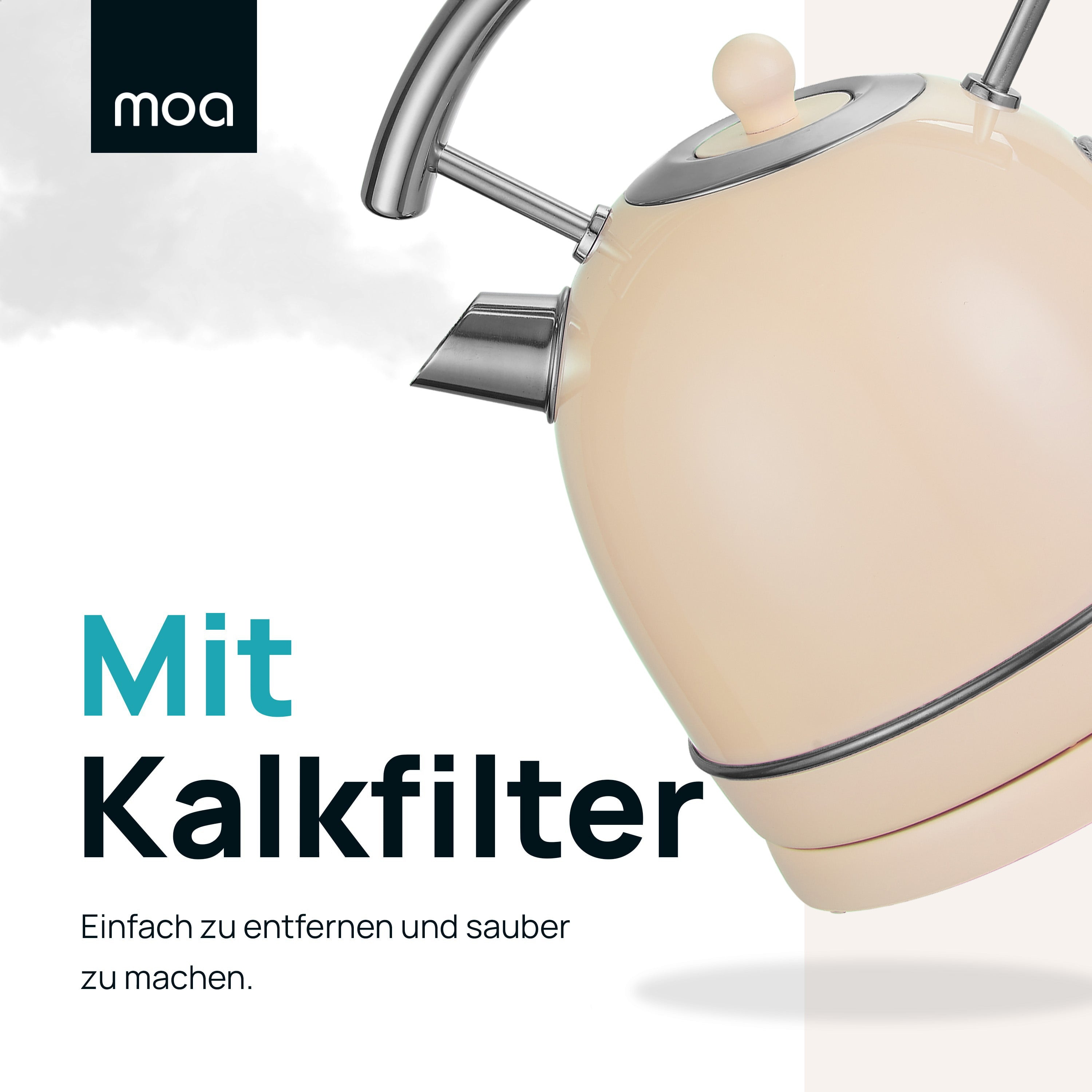 Beige electric kettle with text 'Mit Kalkfilter'.