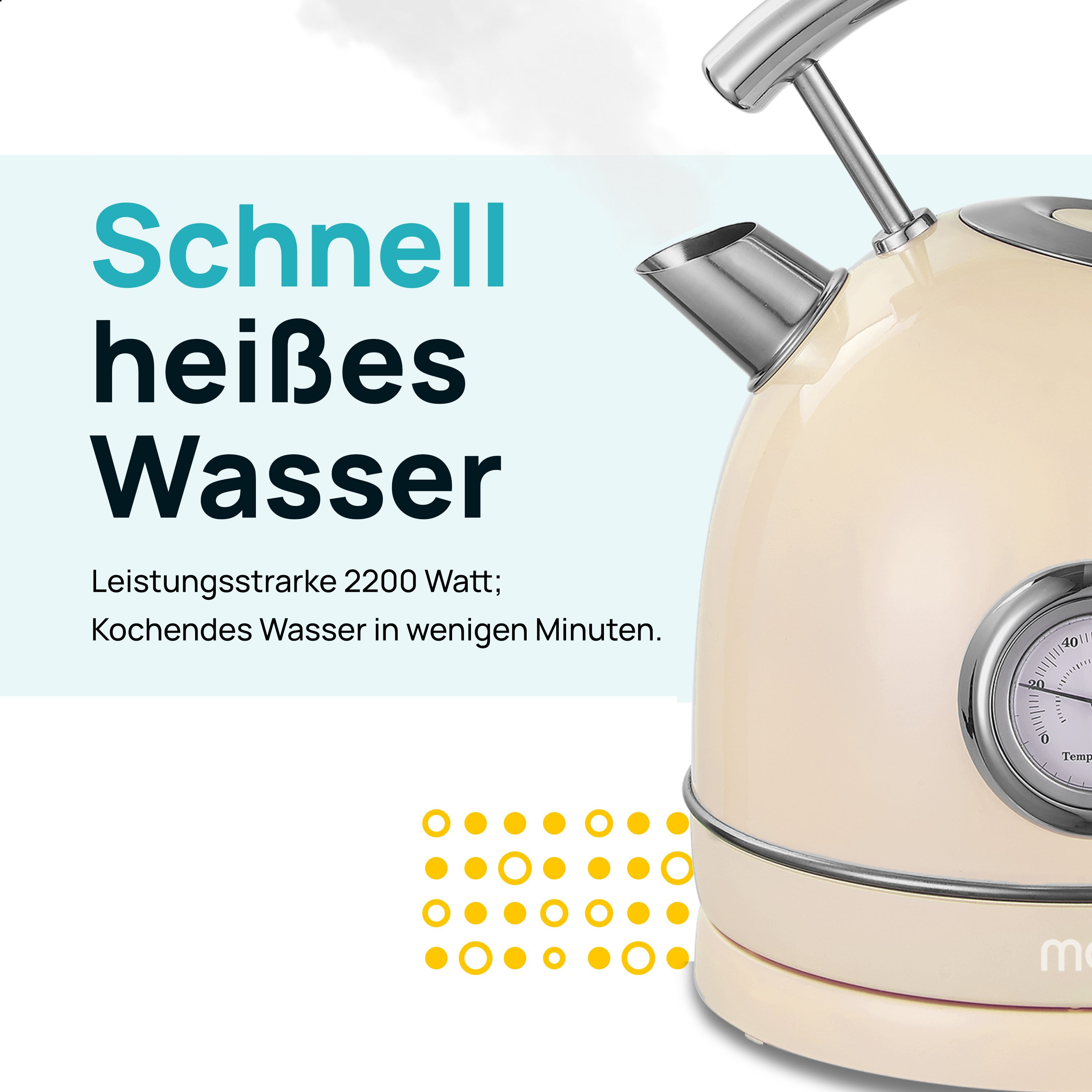 Cream-colored kettle with a temperature gauge and text on the side.