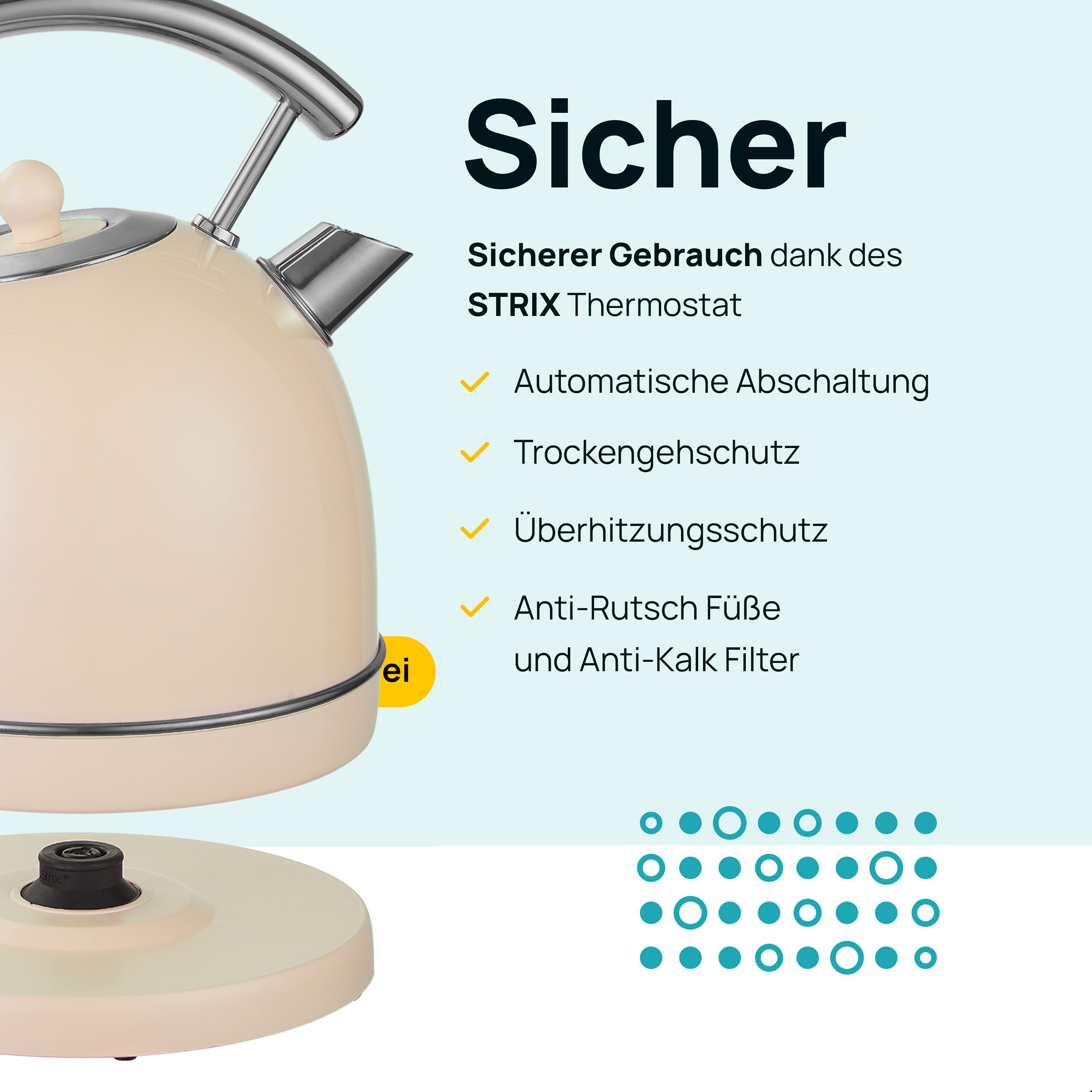 Cream-colored kettle with a silver handle and spout on a white base. Text reads 'Sicher'.