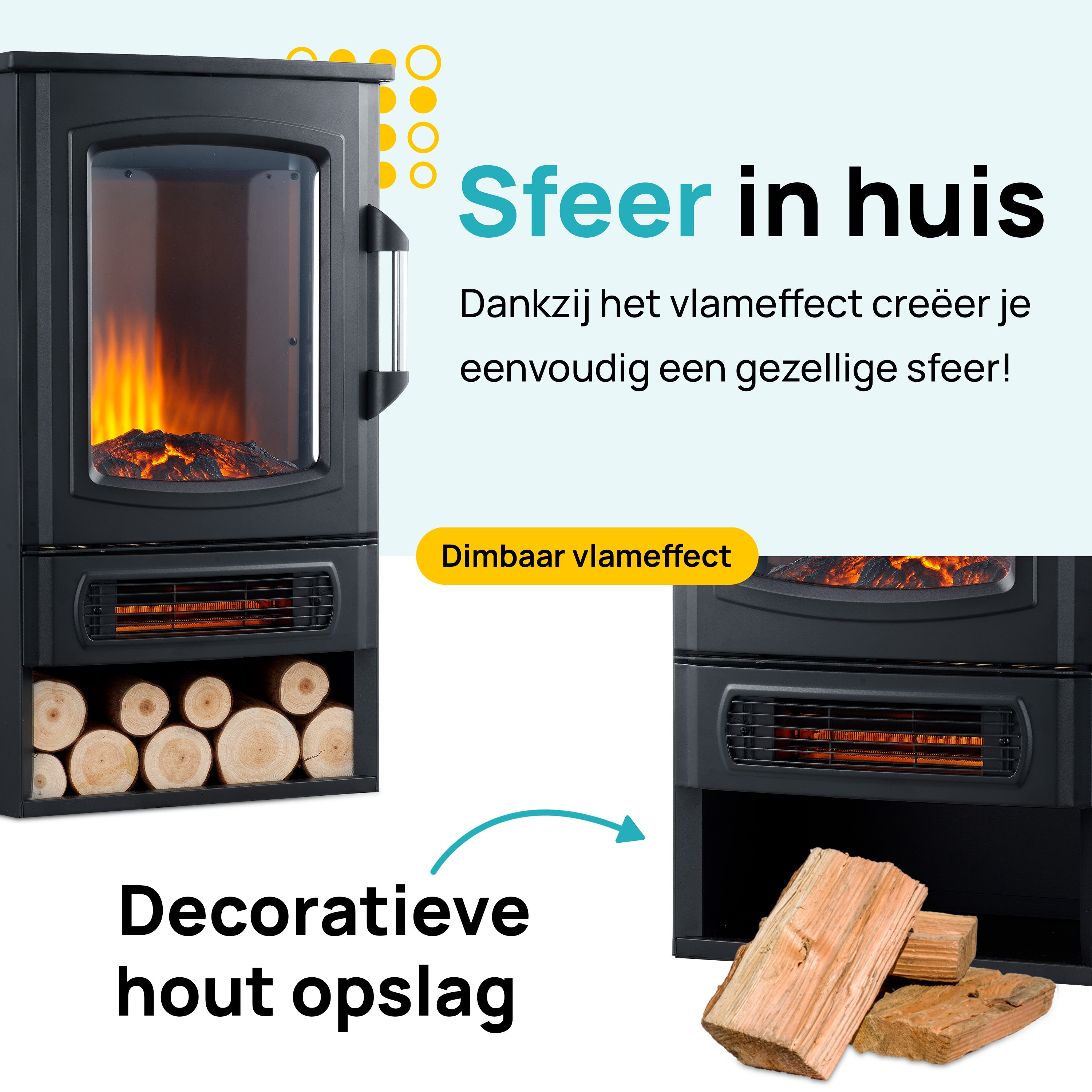Zwarte elektrische haard met vuureffect, houtblokken en houtopslag.