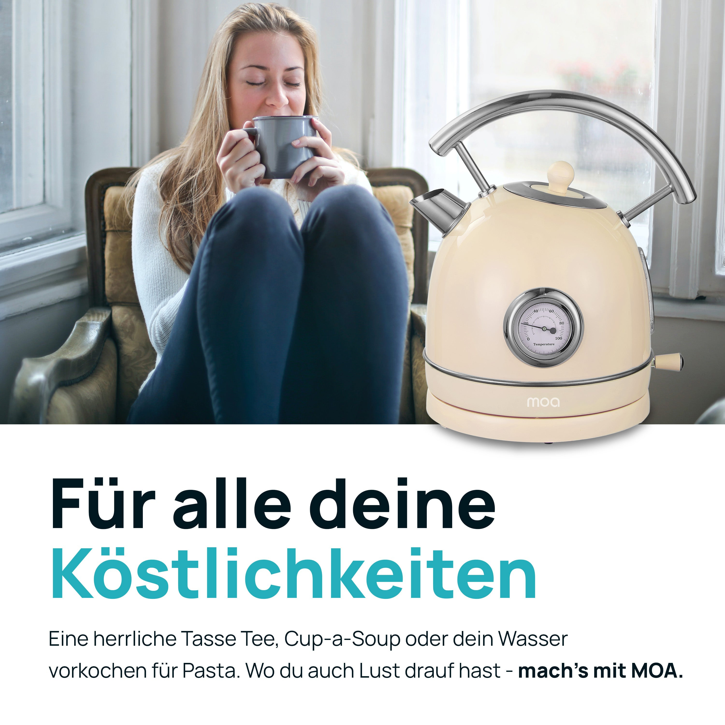 A woman is holding a mug near a beige kettle with a thermometer. Text is in German.