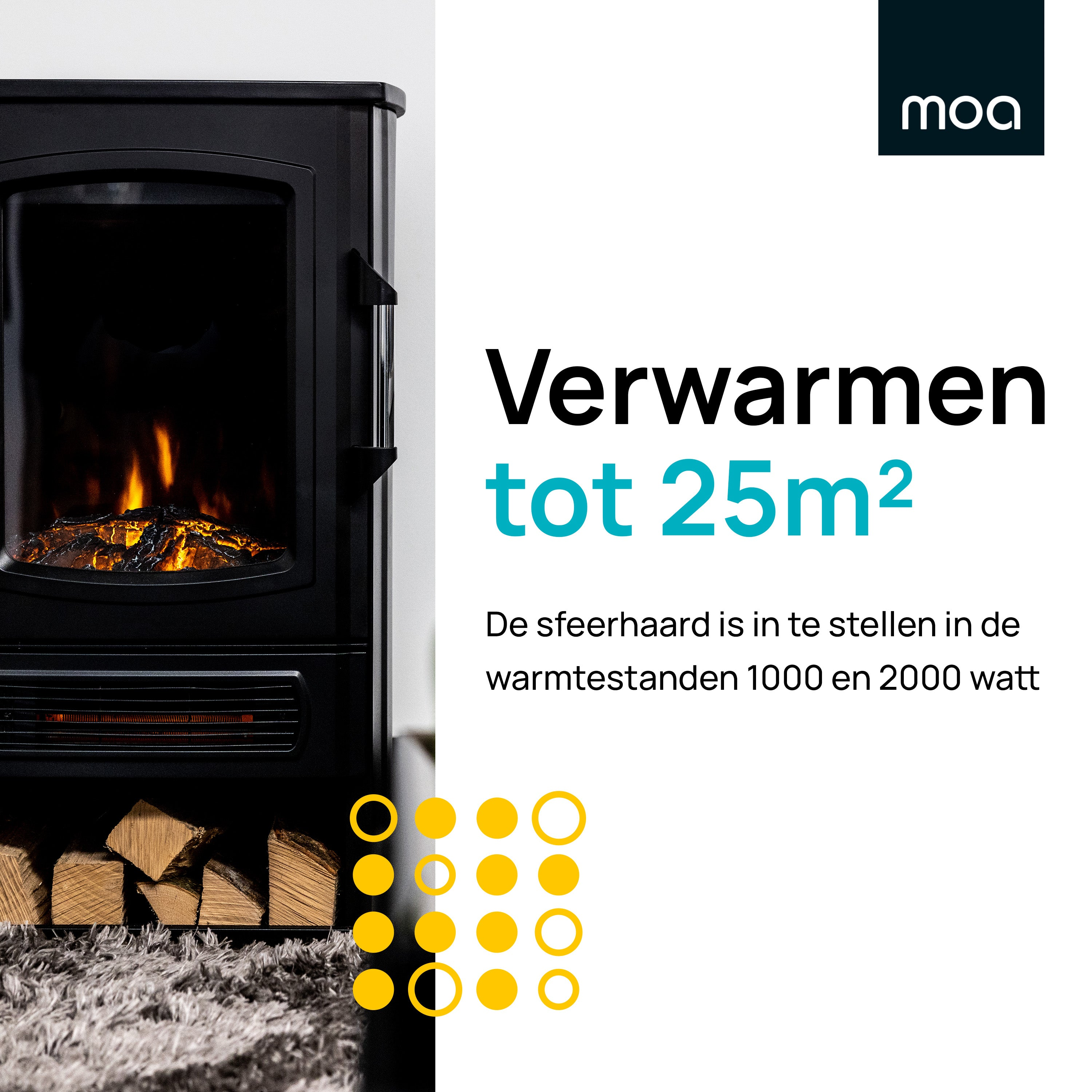 Zwarte Moa-haard met vuureffect. Tekst zegt dat hij tot 25m2 verwarmt.