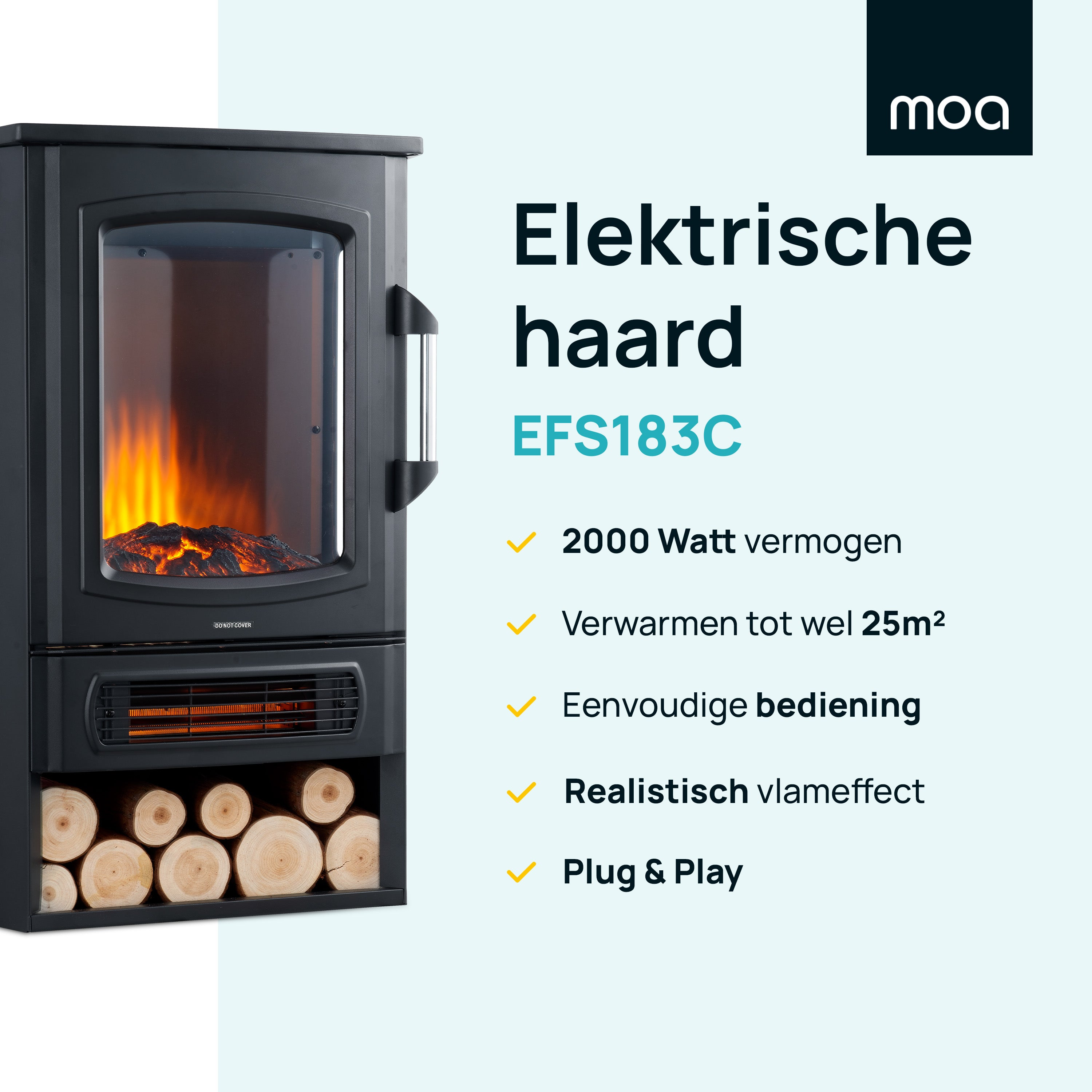 Zwarte elektrische haard met vlameffect, houtblokken en tekst op de zijkant.