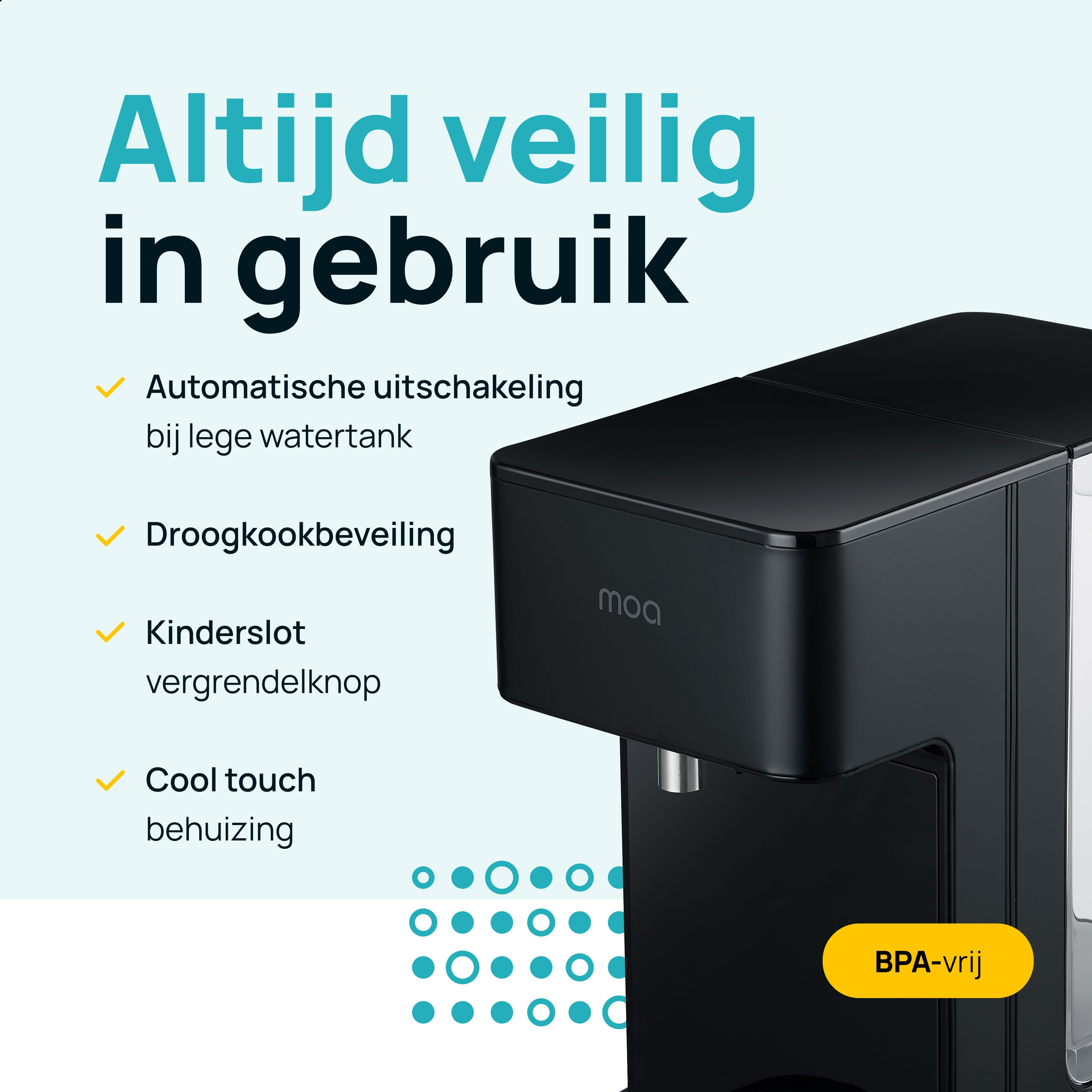 A black water dispenser with text in Dutch, and a list of features, on a white background.