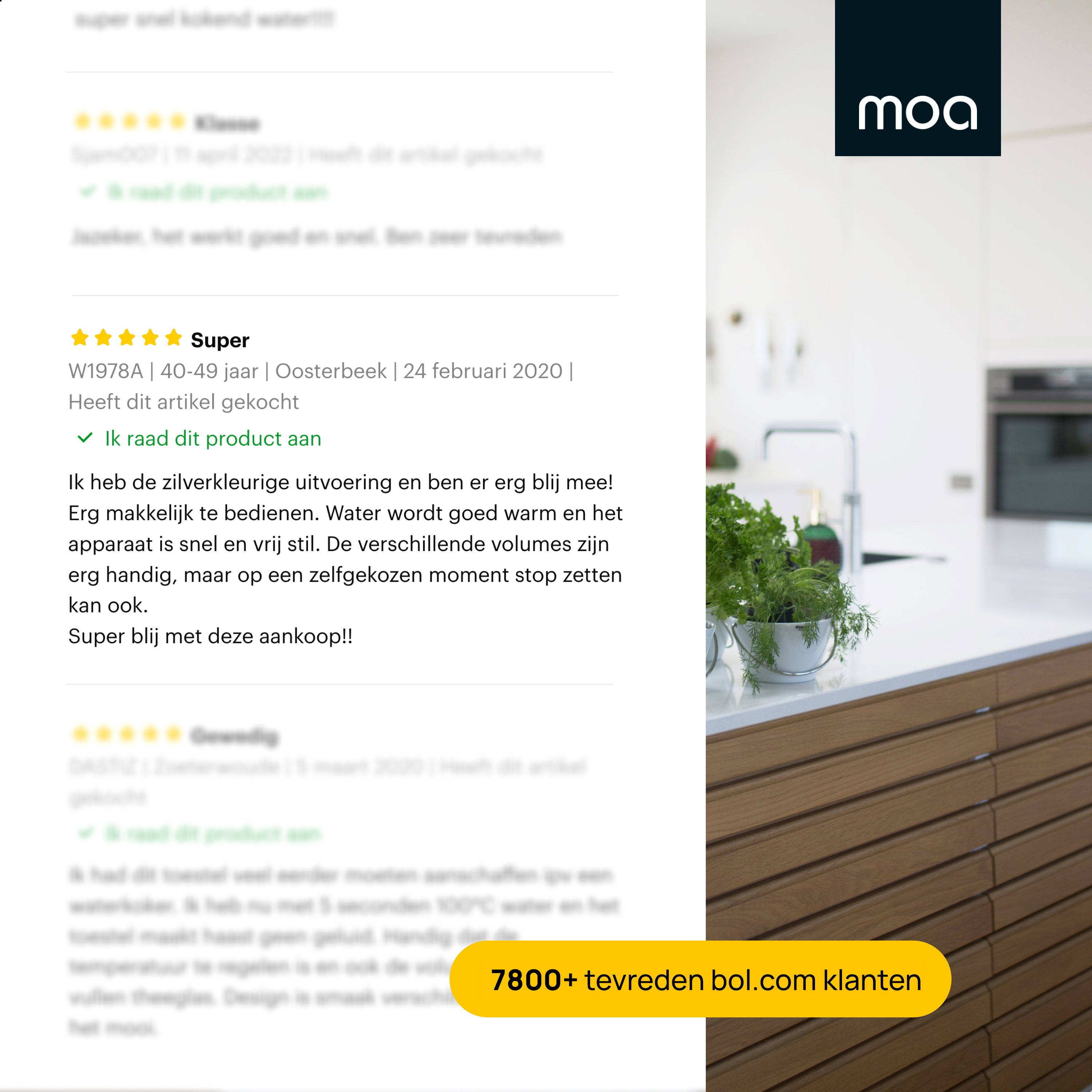 Reviews and a kitchen with a counter and a sink.