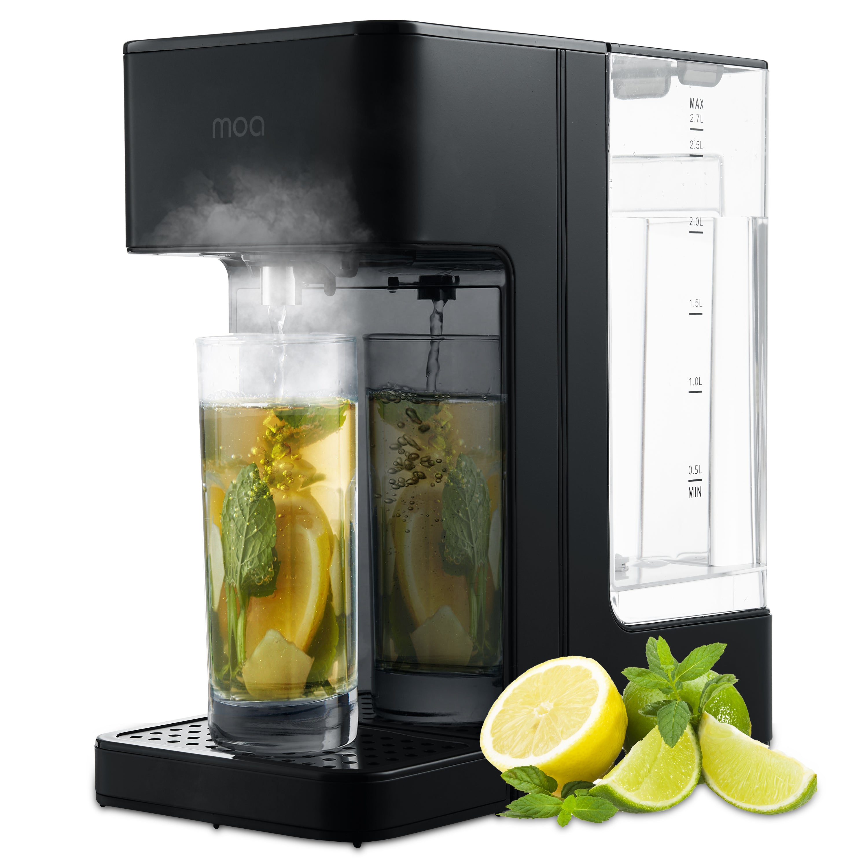 Black tea maker with lemon and mint. Two glasses with tea and water container.