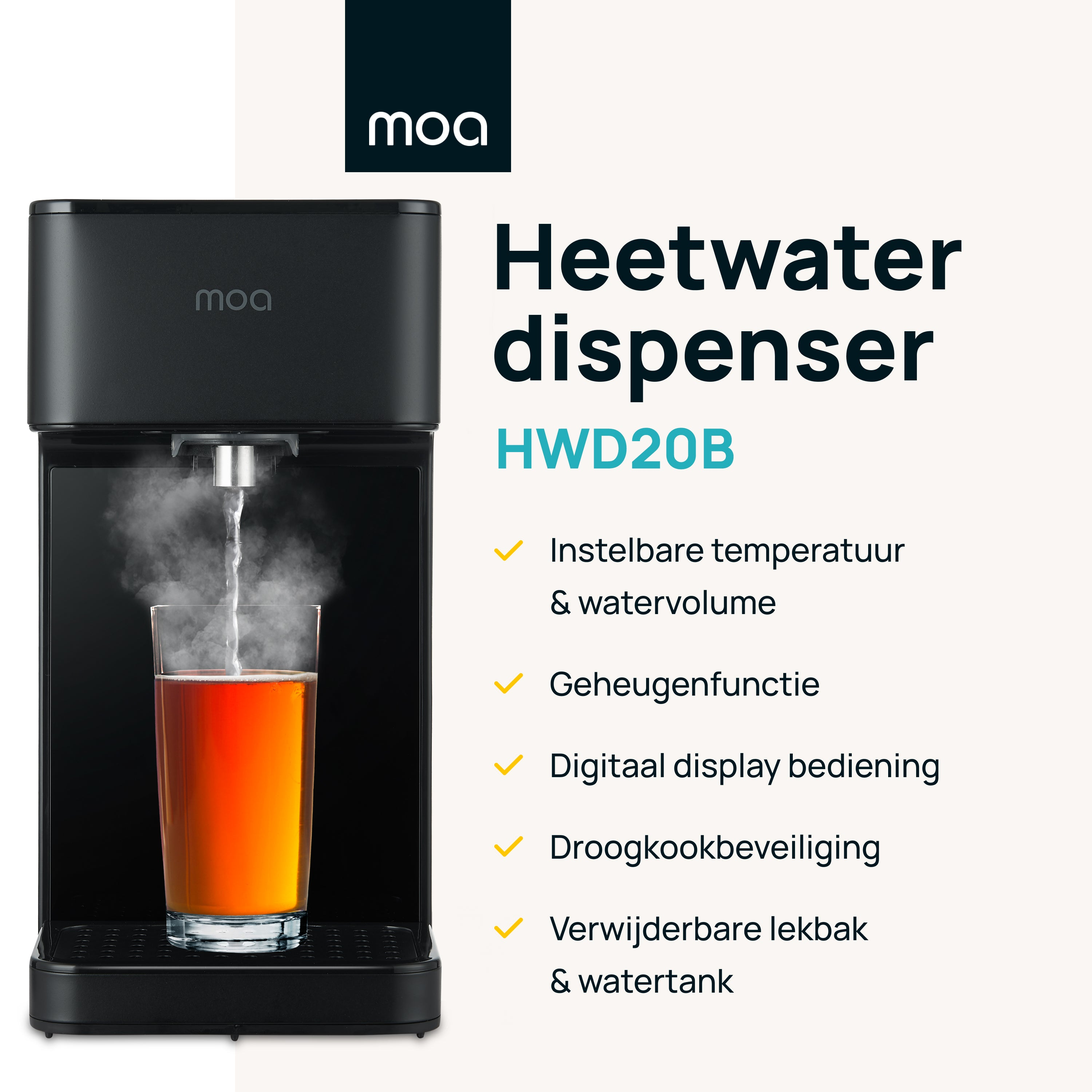 A black water dispenser with a glass filling. Text: Adjustable temp & water volume, and other features.