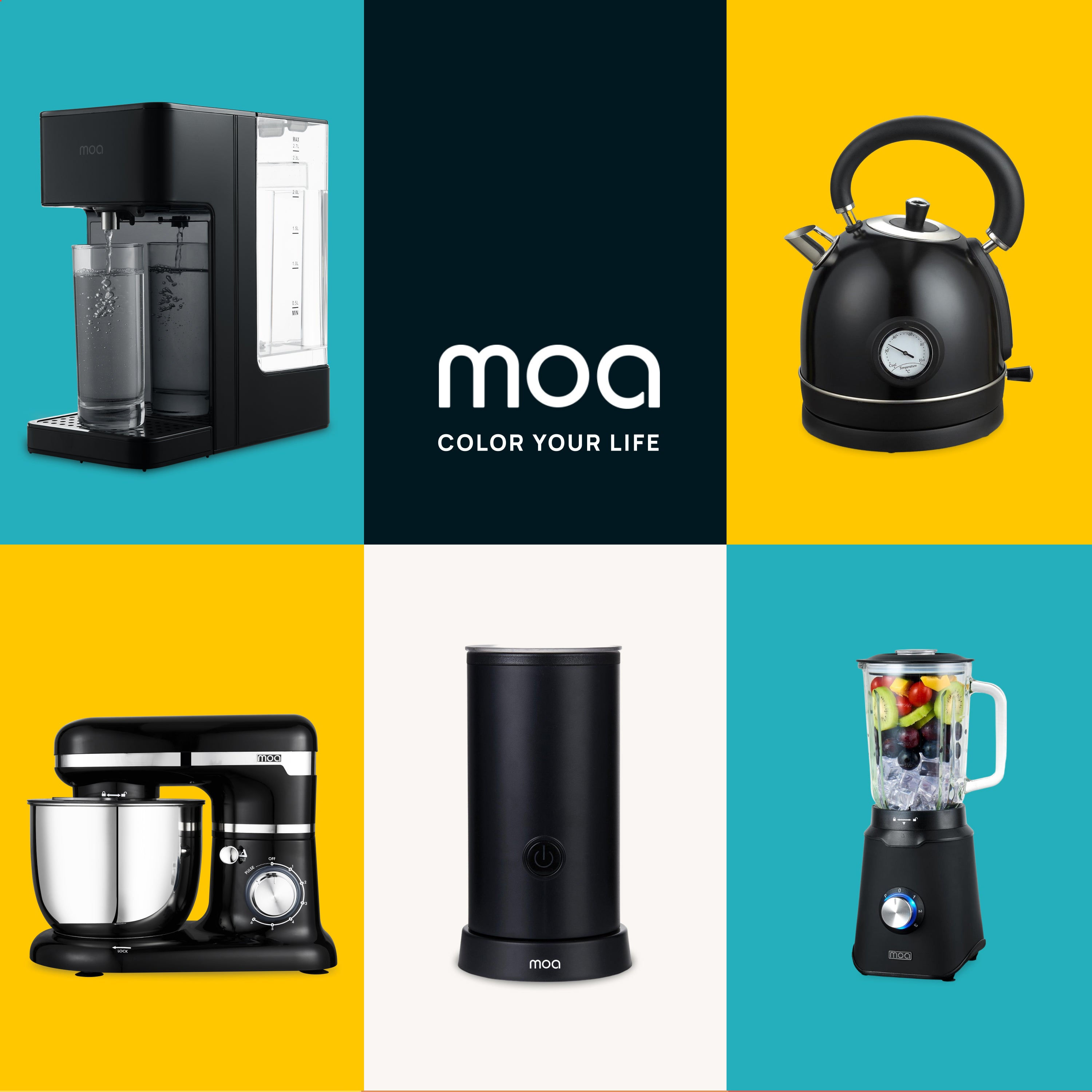 A collage of MOA kitchen appliances, including a water dispenser, kettle, and blender.