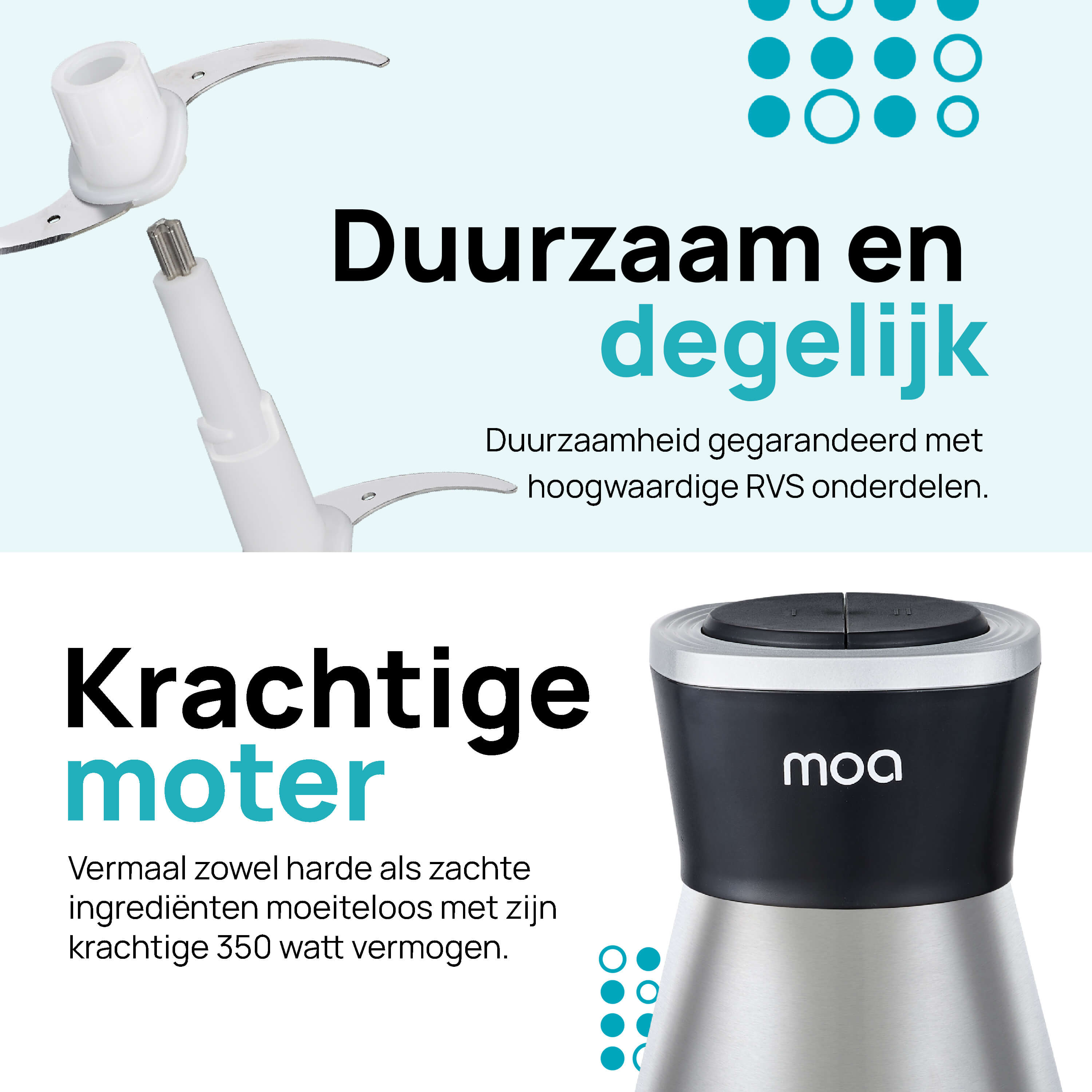 A food processor with blades and motor parts, with text emphasizing durability and power.