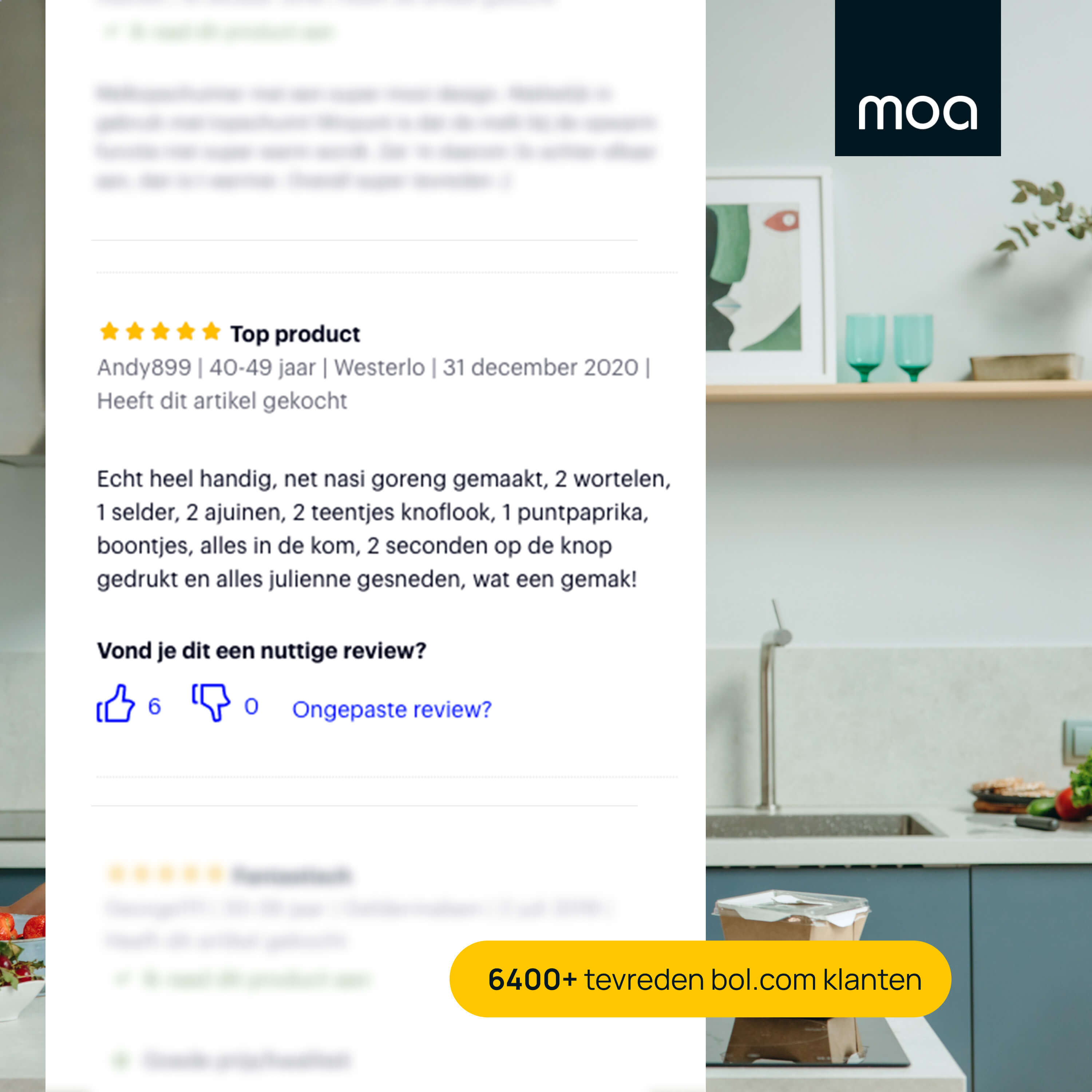 A review with text, and a photo of a modern kitchen.
