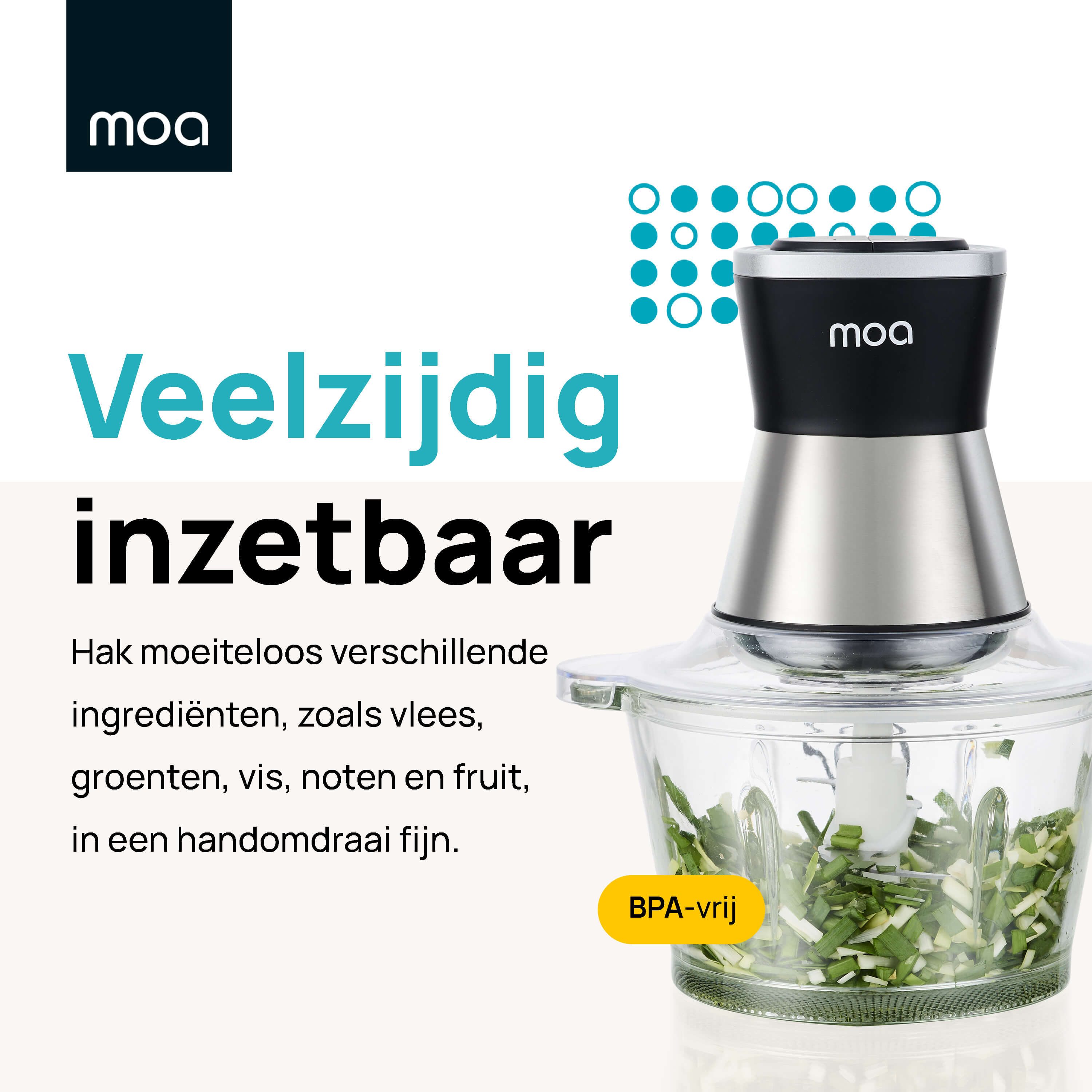 A food chopper with vegetables. Text indicates the product is 'versatile' and BPA-free.