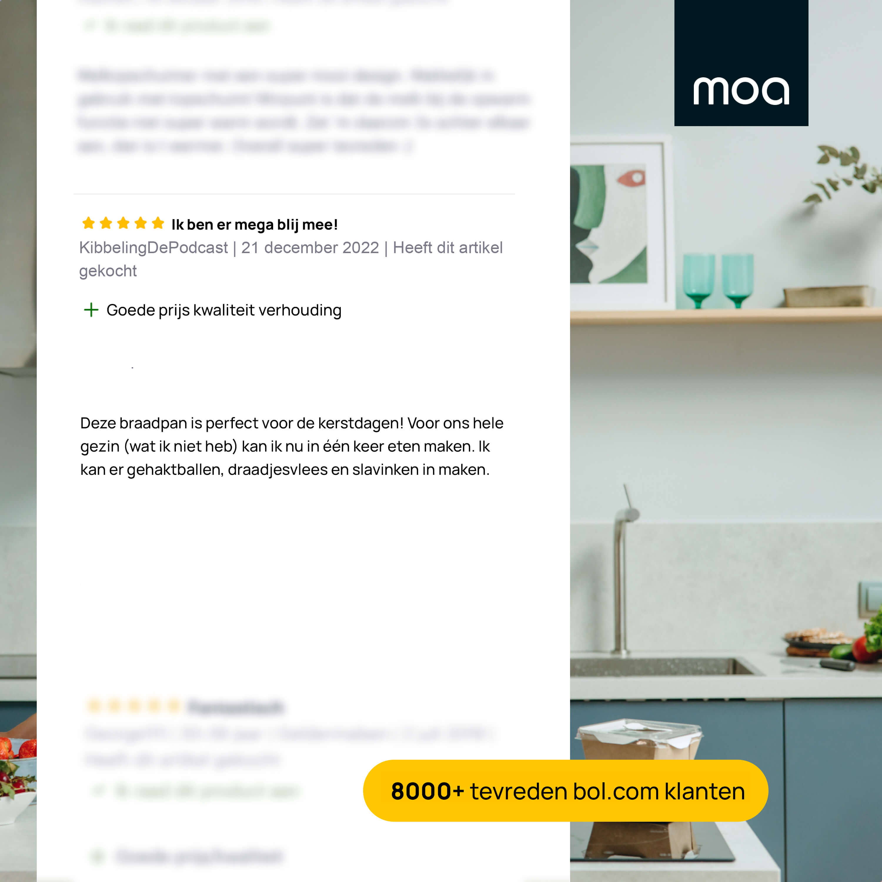 Keuken met pan en recensie. Tekst: Goede prijs-kwaliteitverhouding. 8000+ tevreden klanten.
