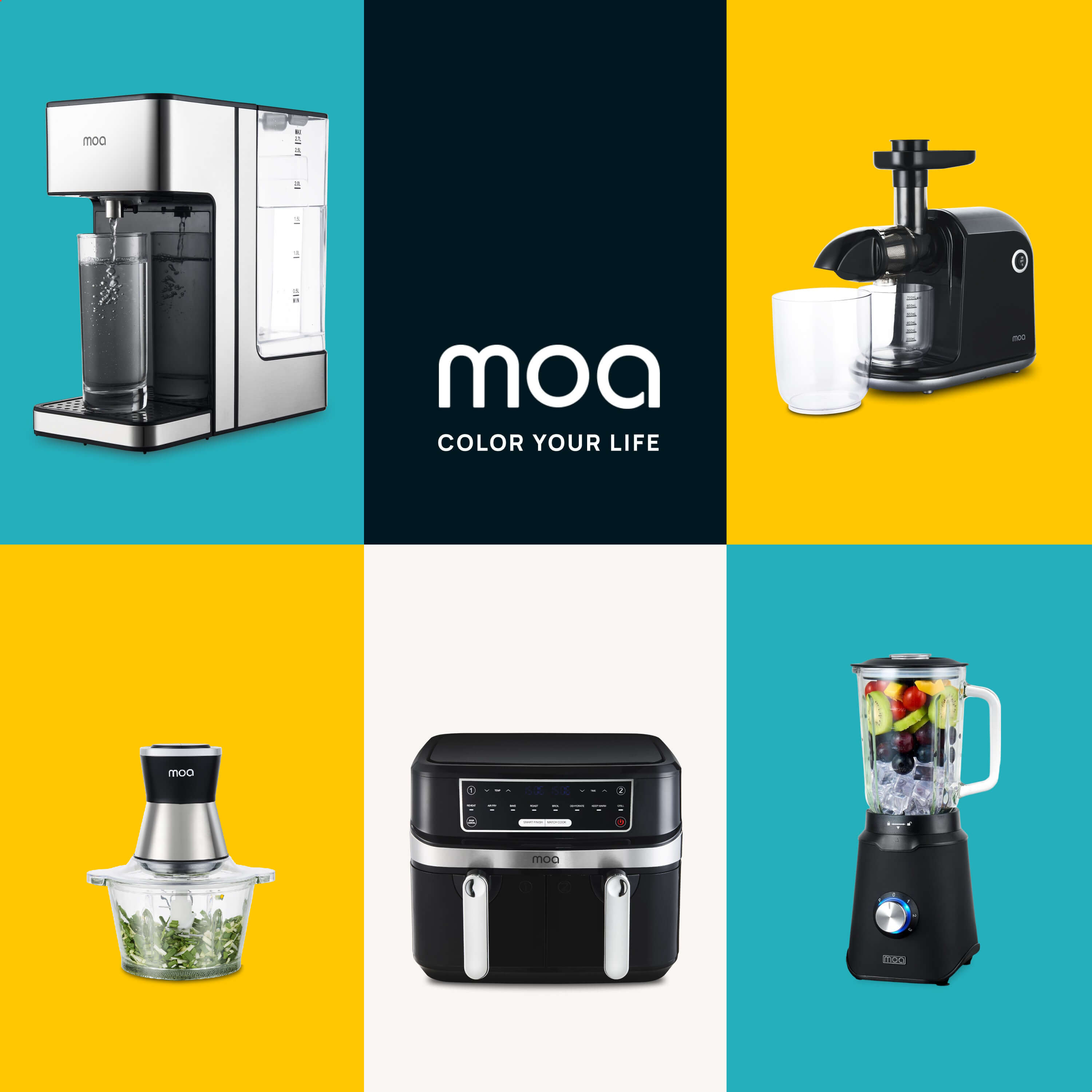 A collage of household appliances with the moa logo. Appliances include a water cooler, juicer, and blender.