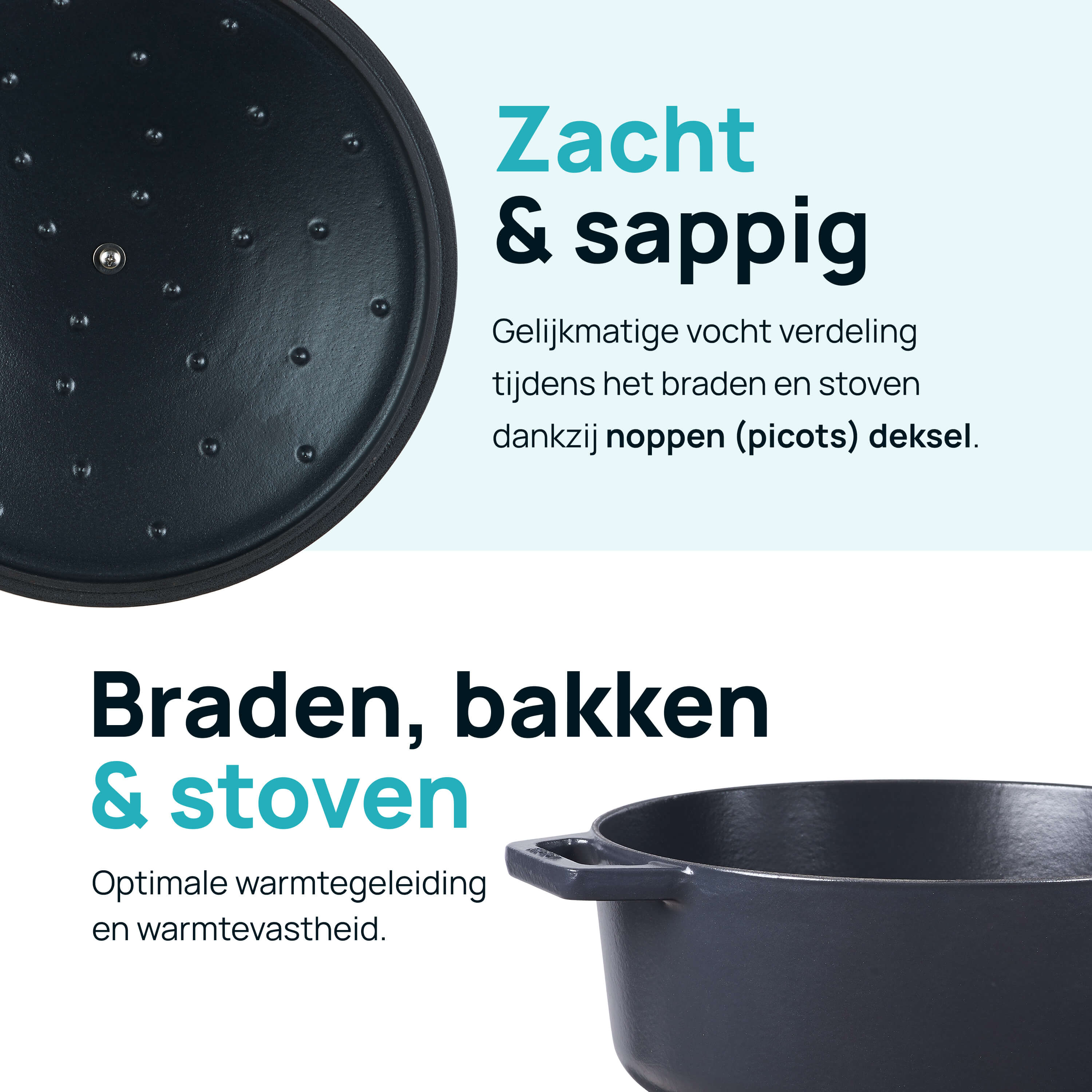 Een zwarte kookpot met een deksel, die de binnenkant en het ontwerp van het deksel laat zien.