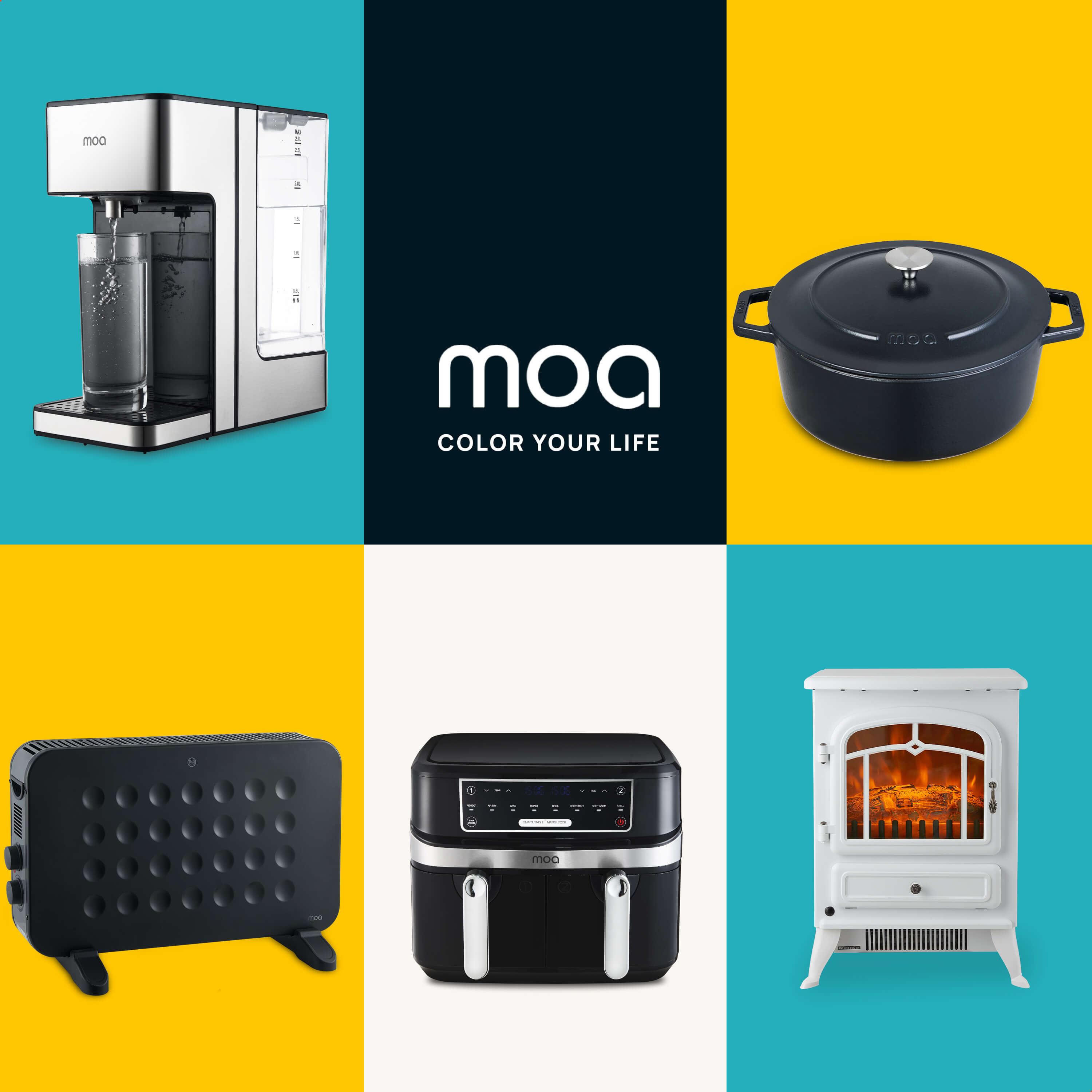 Collage van Moa-producten: waterdispenser, pan, kachel, airfryer en een open haard.