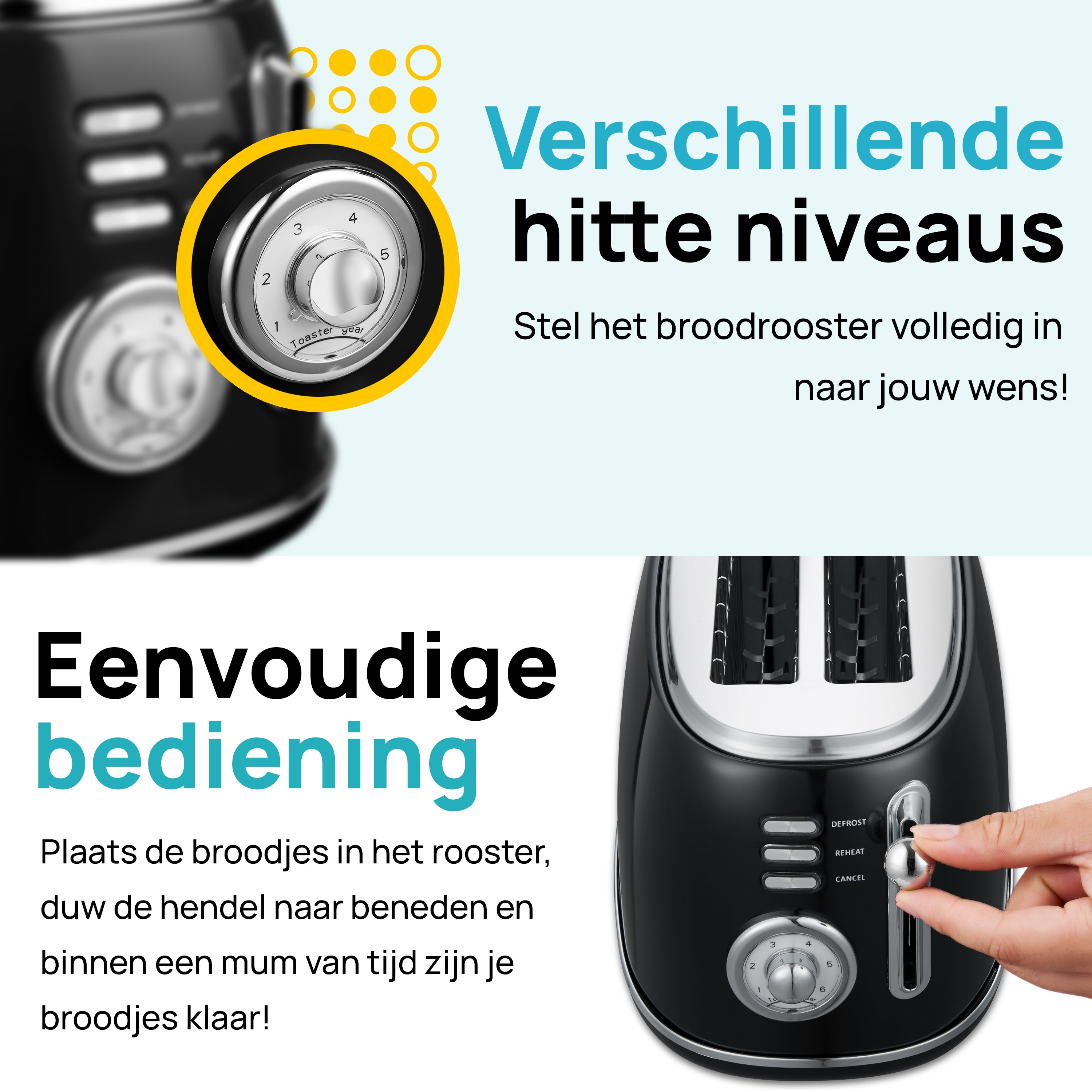 Zwarte broodrooster met draaiknop en hendel. Tekst over instellingen en bediening.