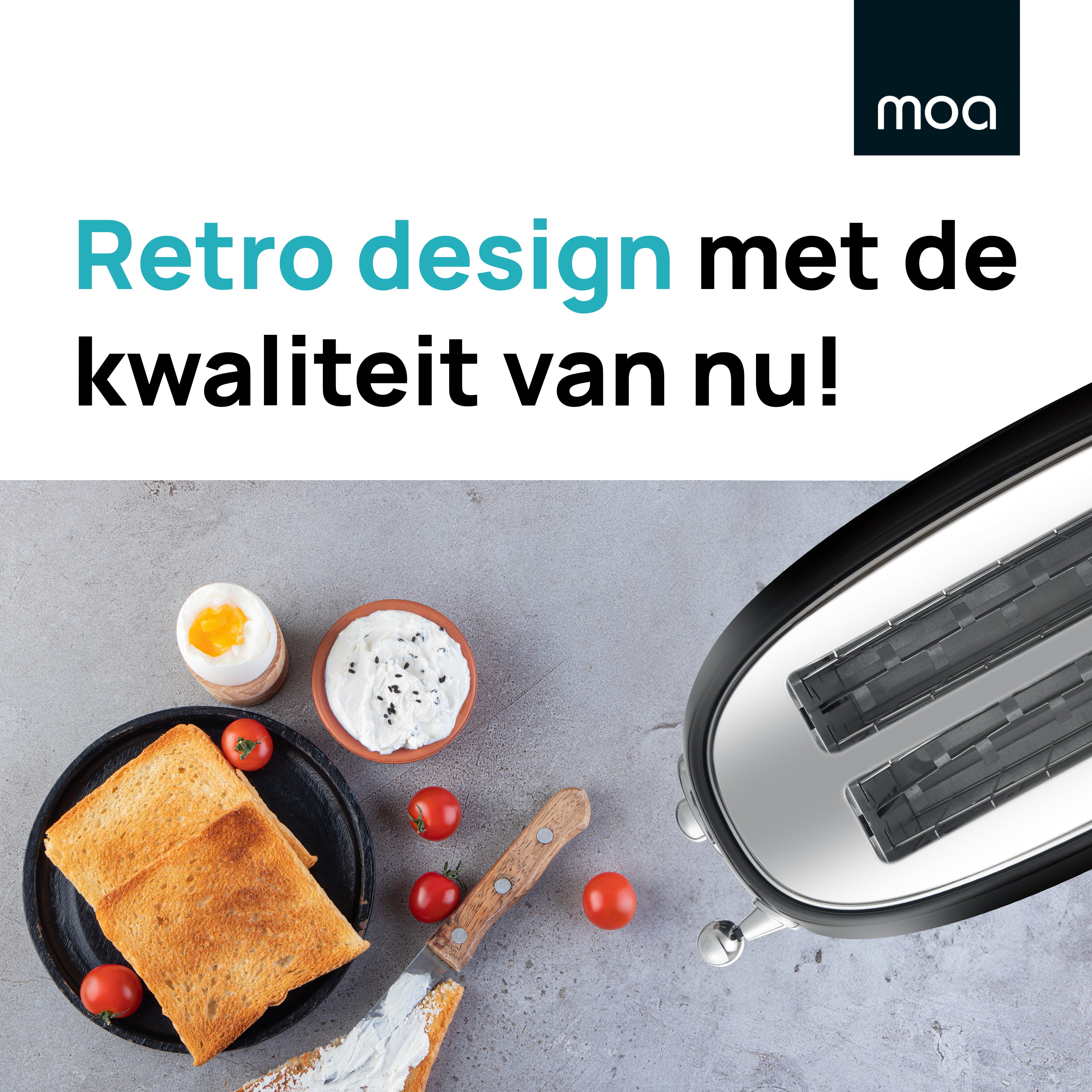 Een broodrooster met toast, tomaten en eieren. Tekst zegt retro design met moderne kwaliteit.
