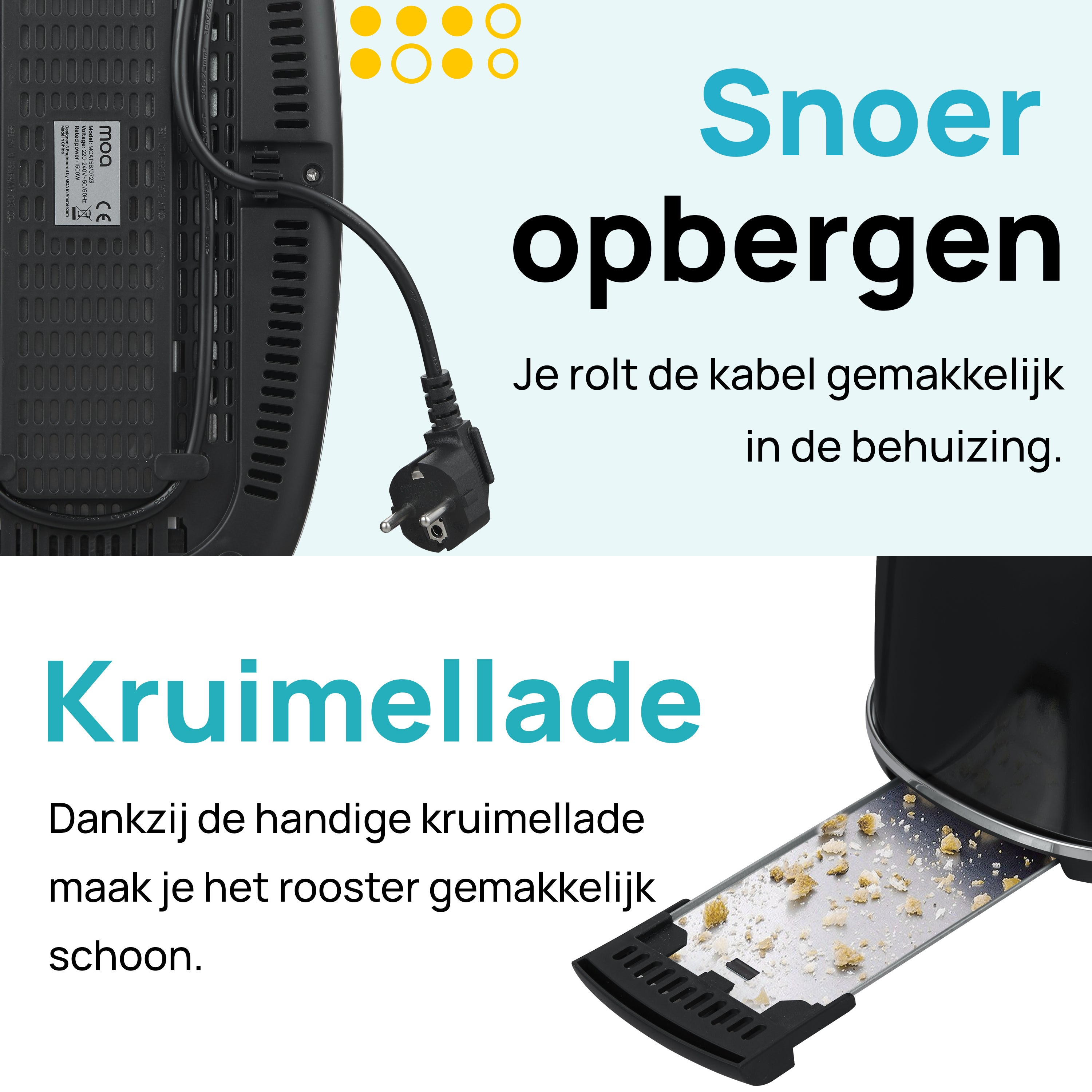 Een broodrooster met kruimellade en tekst over functies.