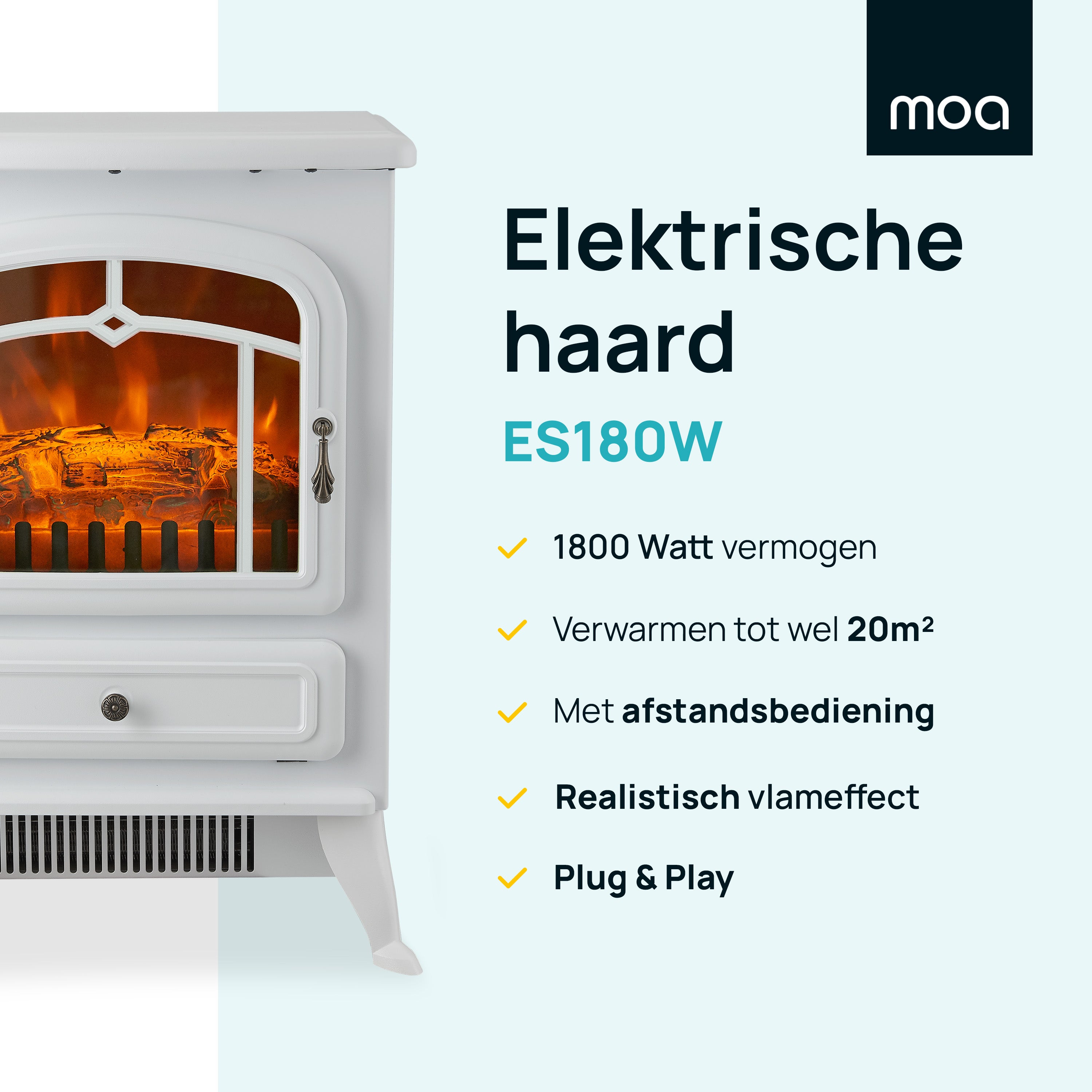 Weißer Elektro-Kamin mit Text und Häkchen, die Funktionen auflisten.