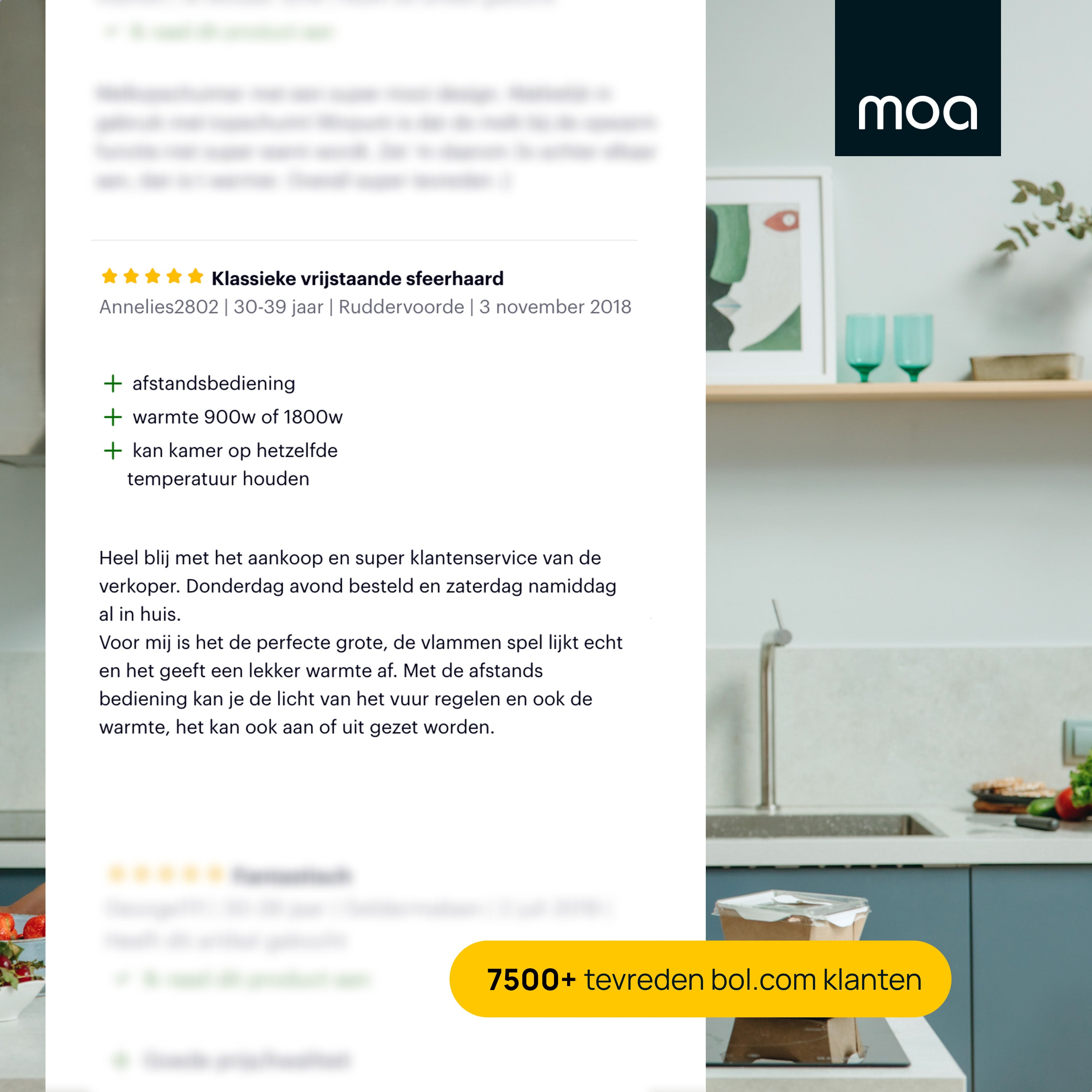 An interior of a kitchen with a product ad, text in Dutch and a woman in the background.