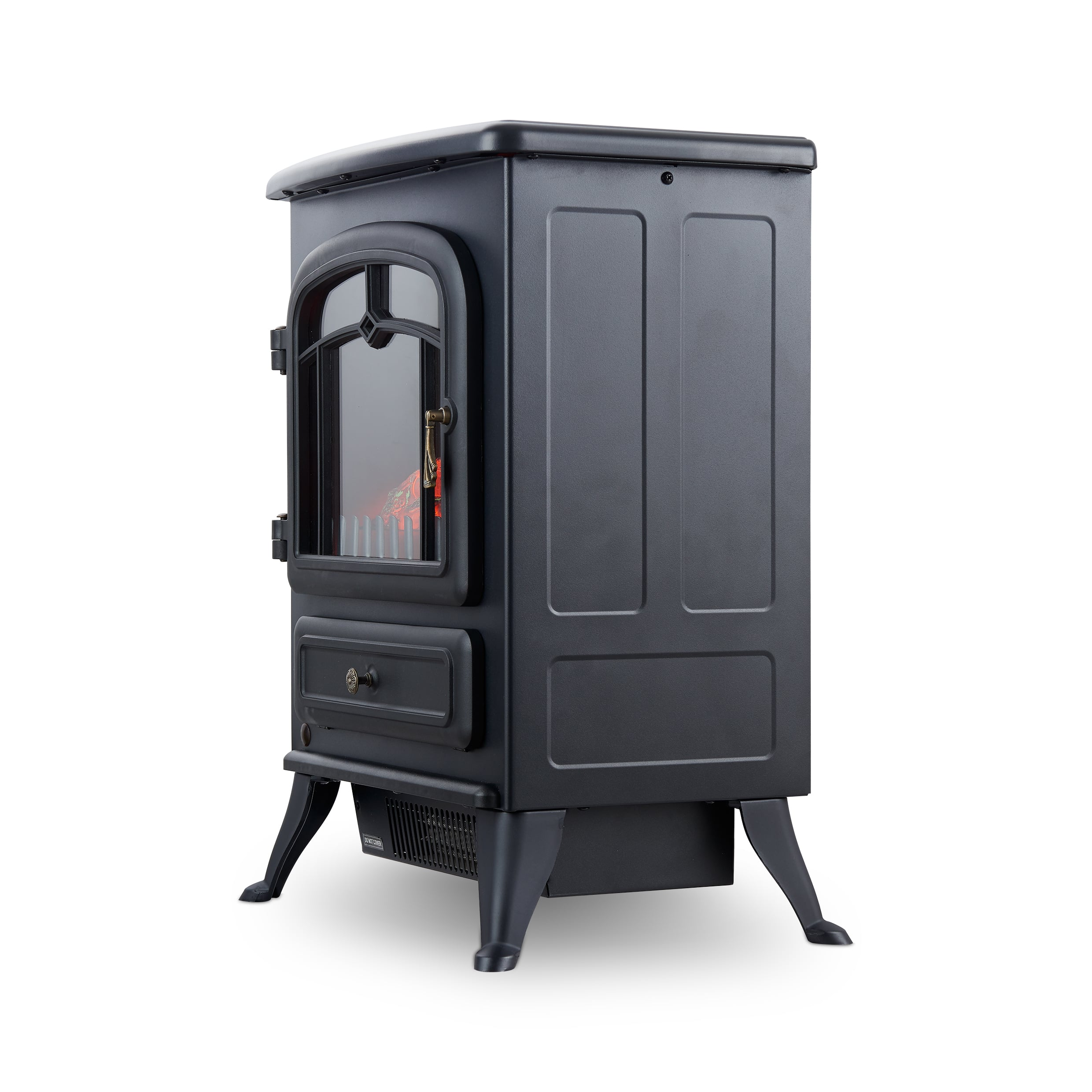 Black electric fireplace. Glass door, drawer, and legs. The fire is visible.