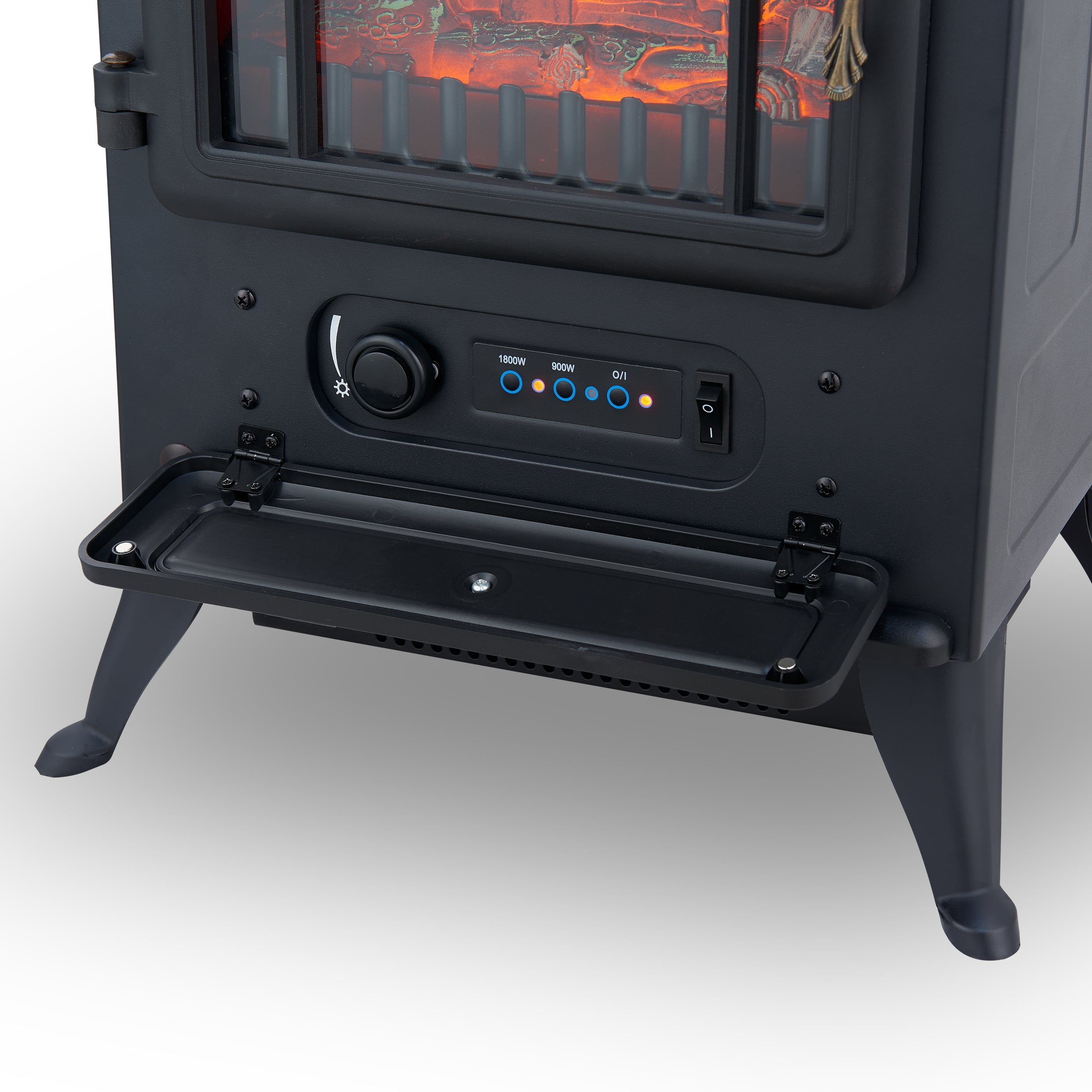 A black electric fireplace with a control panel and a visible fire effect.