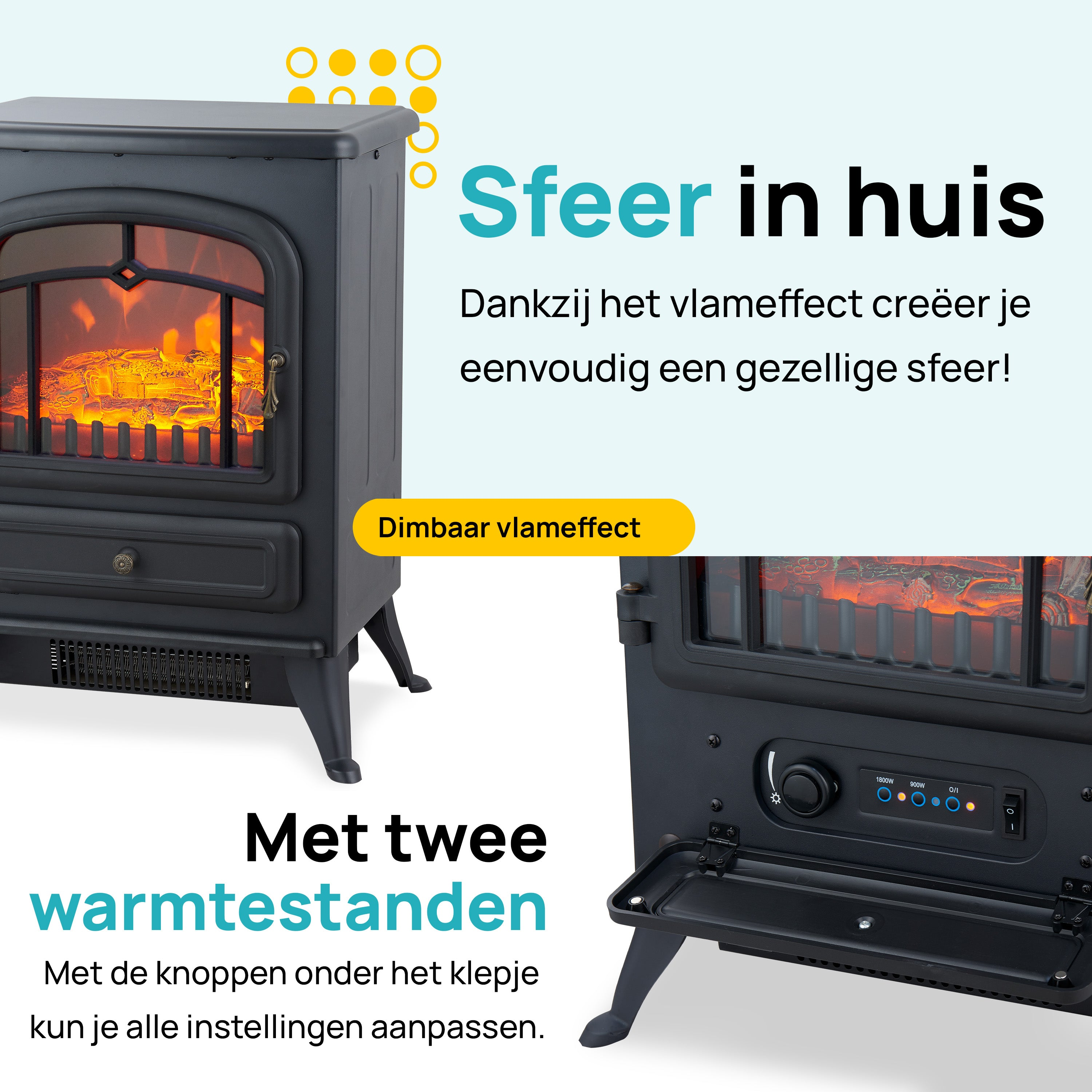 Black electric fireplace with flame effect. Texts in Dutch say 'Atmosphere at home' and 'With two heat settings'.