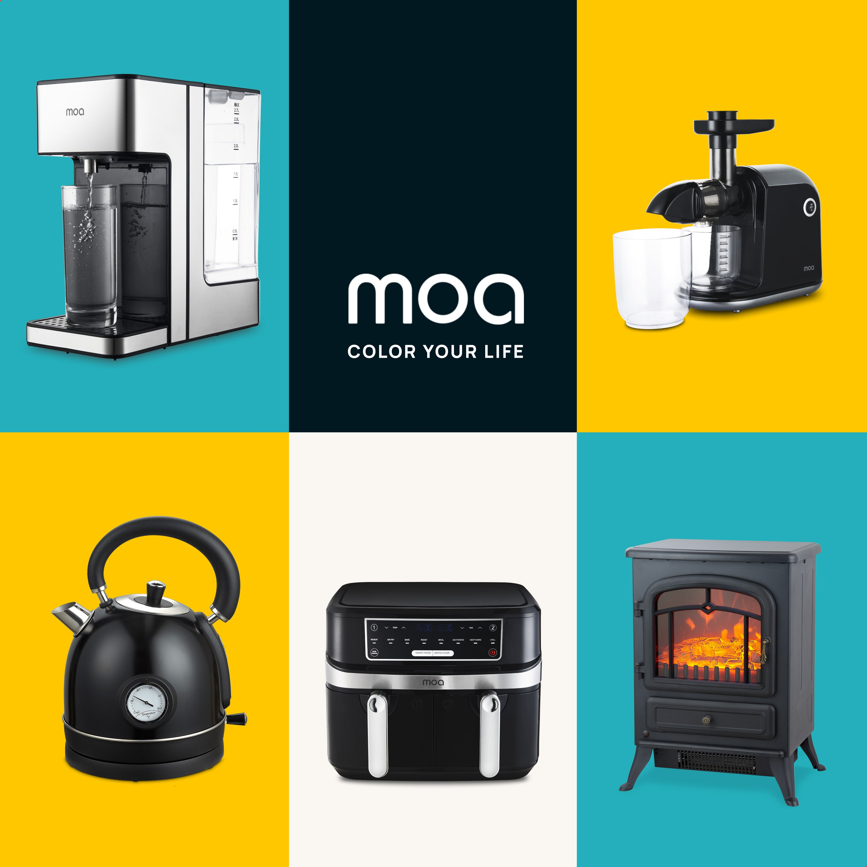 Collage of MOA brand kitchen appliances on colorful backgrounds, including a water filter and kettle.