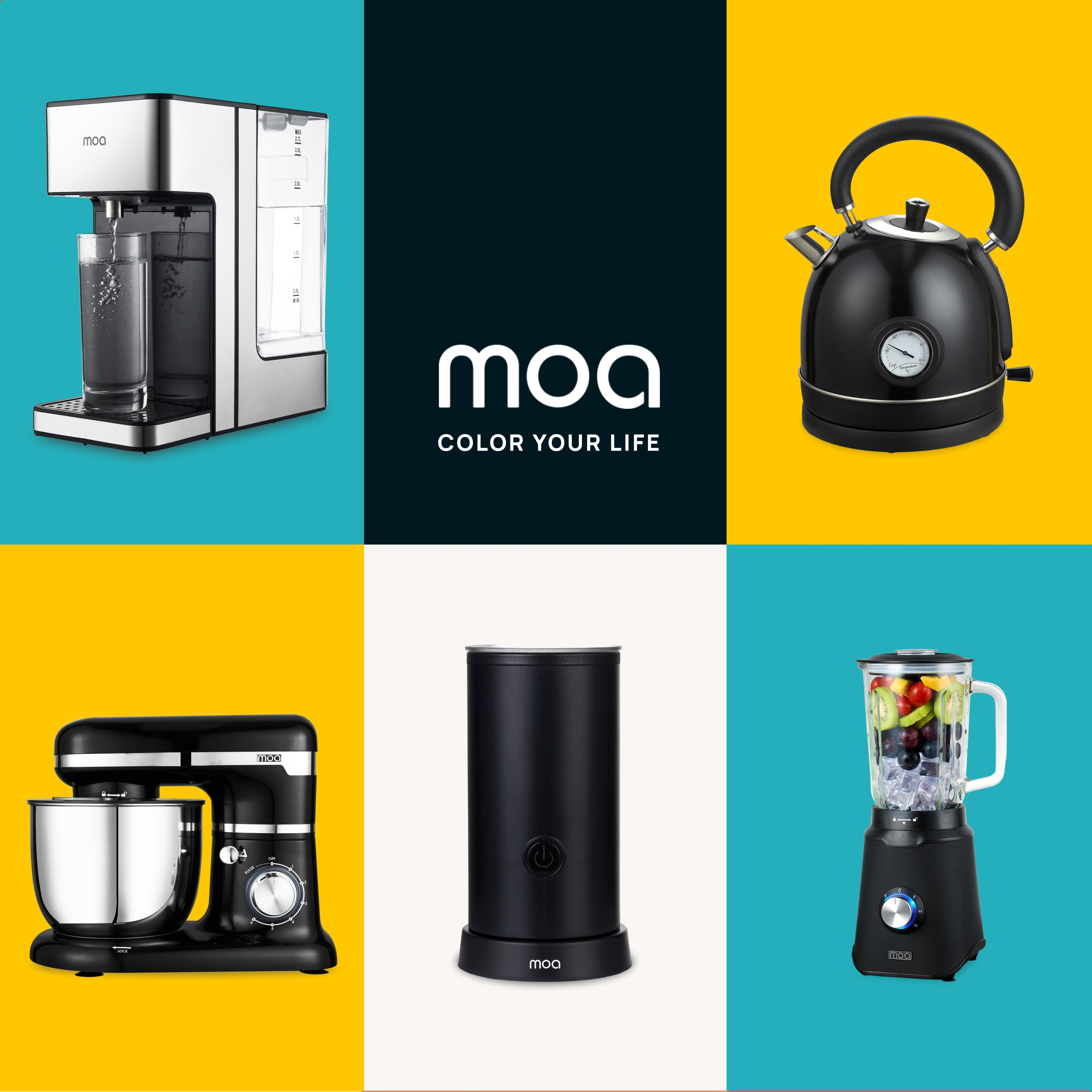 Een collage van MOA-merkapparaten: een waterdispenser, een waterkoker, een mixer, een blender en een opschuimer.