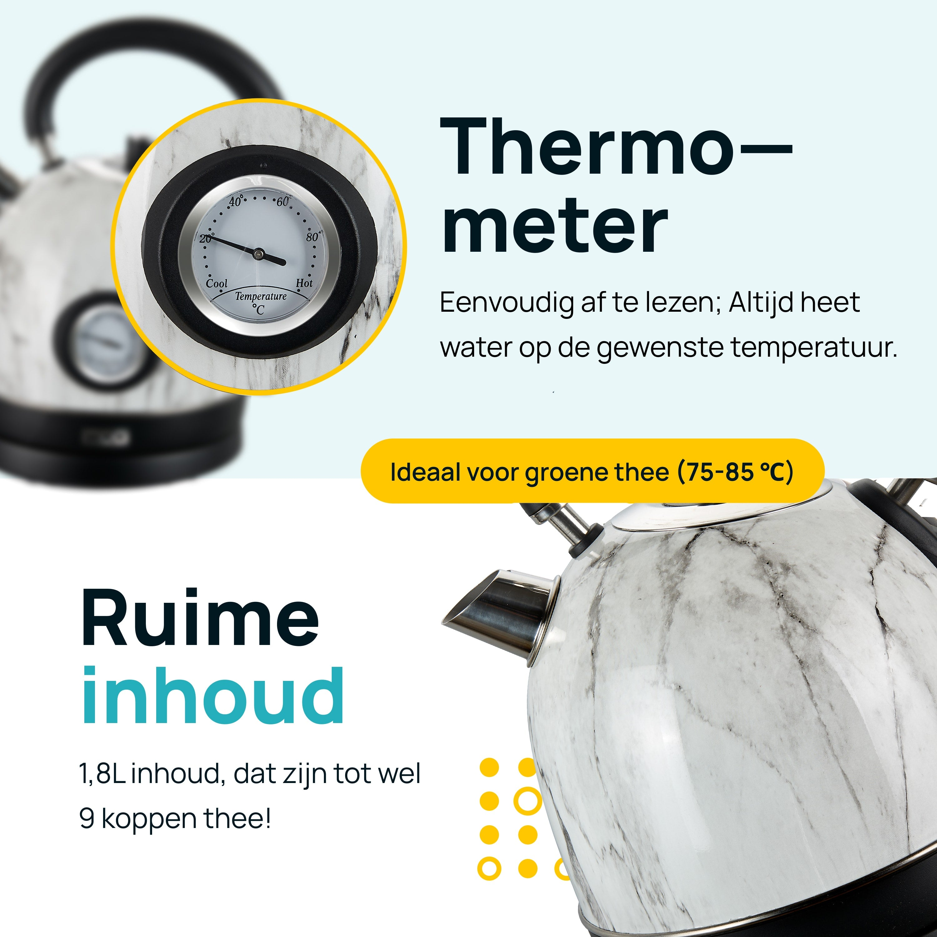 White and marble-patterned electric kettle. Thermometer display. Text about tea.