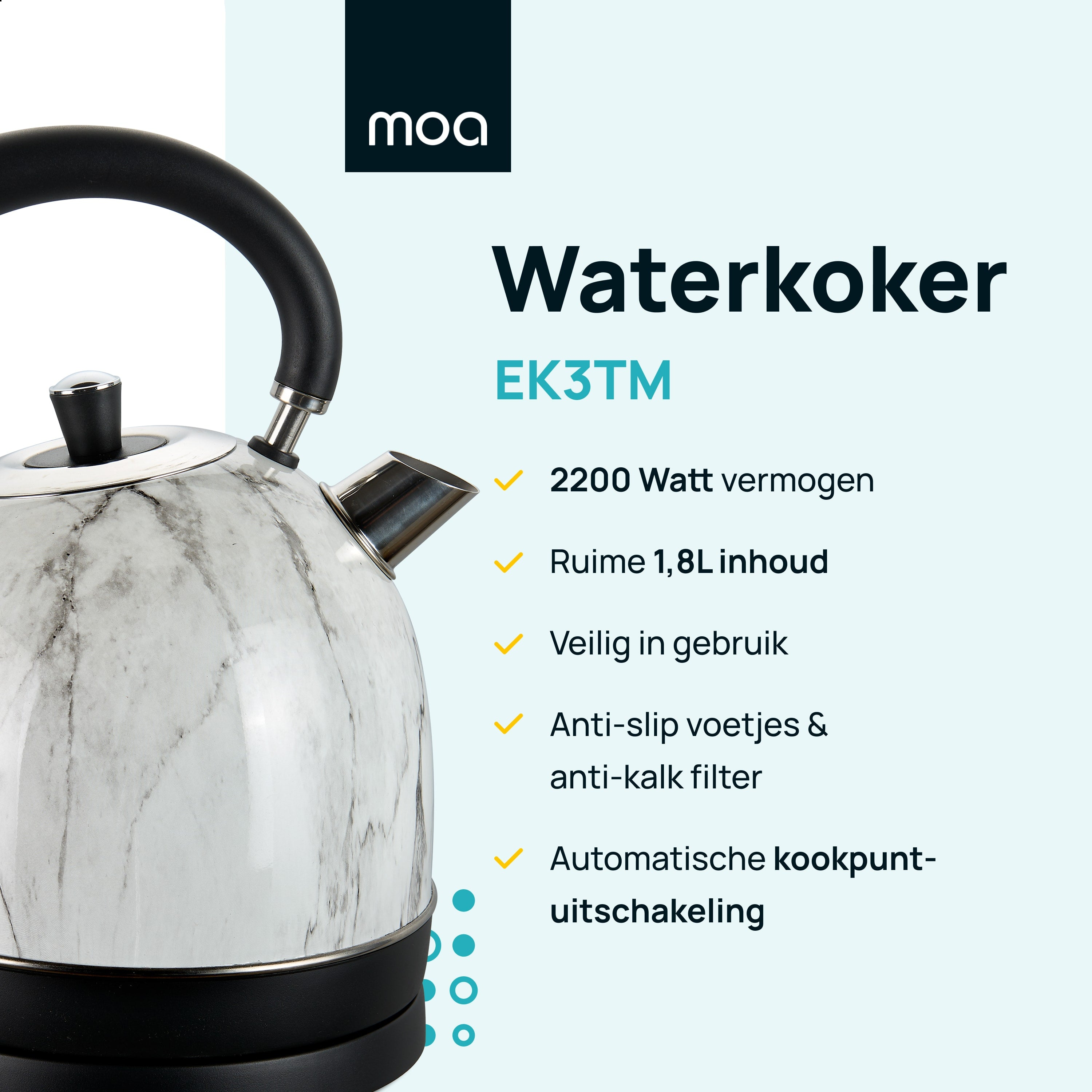 White and marble patterned kettle with a black handle and base. The kettle has text details.