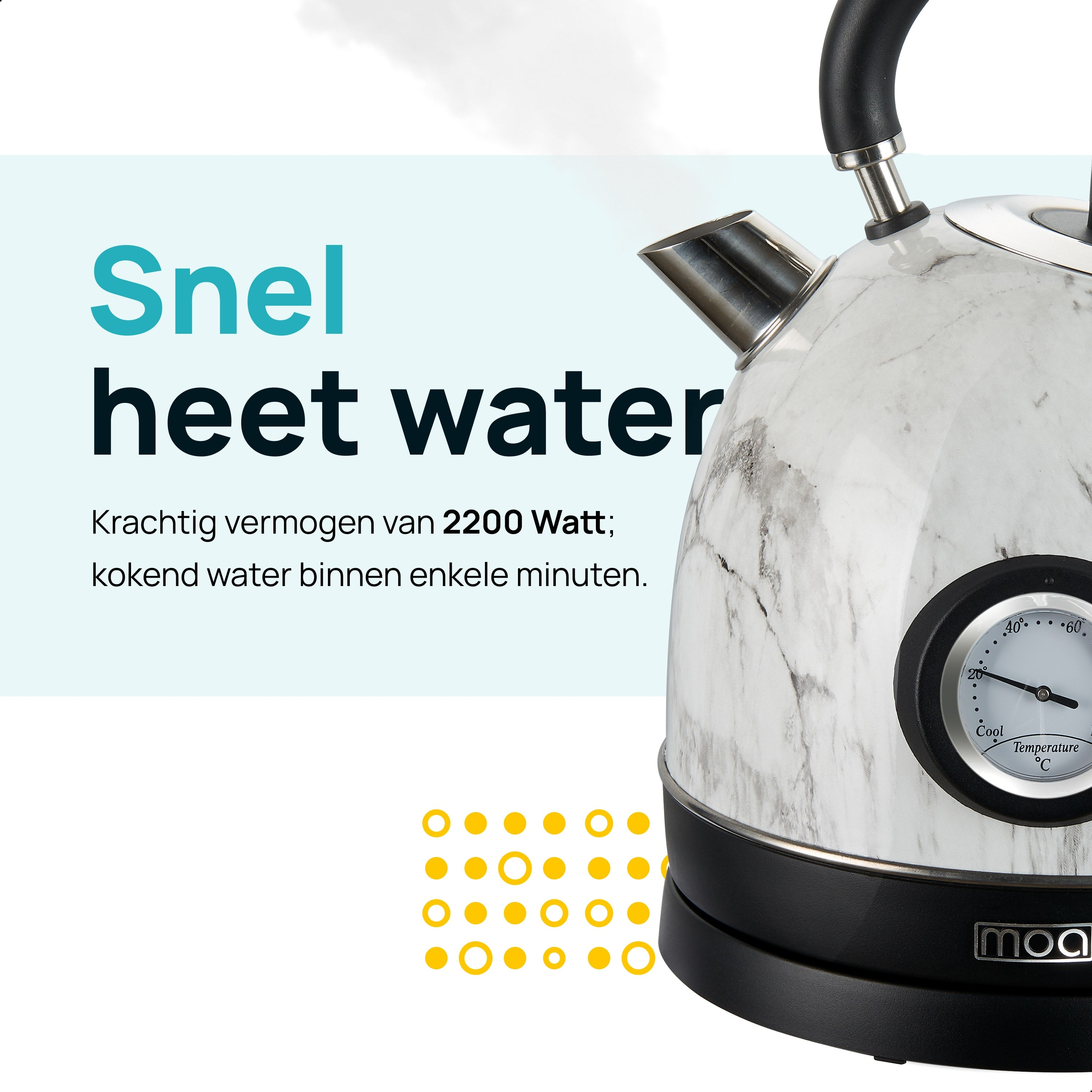 White and marble patterned kettle, with temperature gauge and black base.