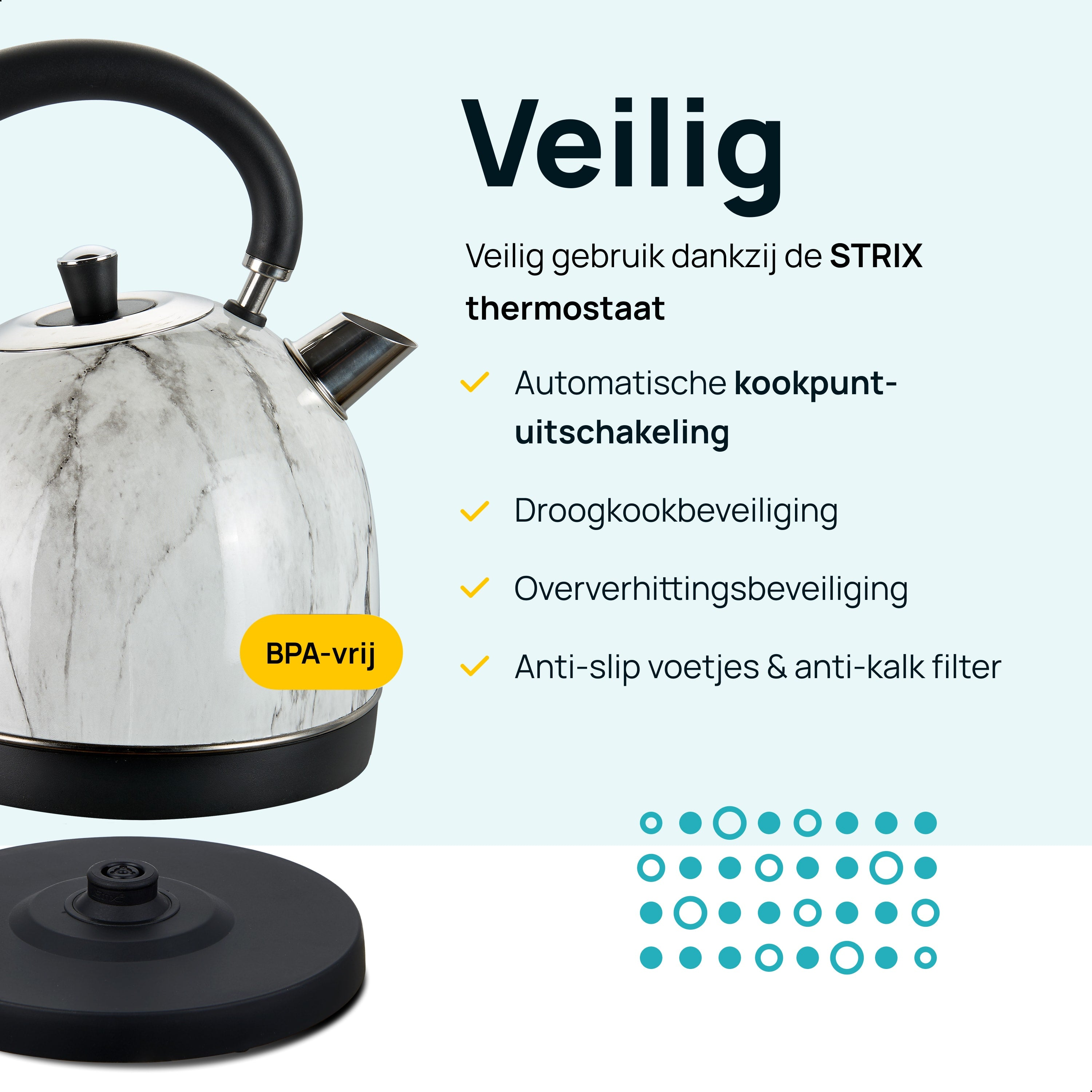 White and black kettle with a marble pattern, a black base, and text about safety and features.