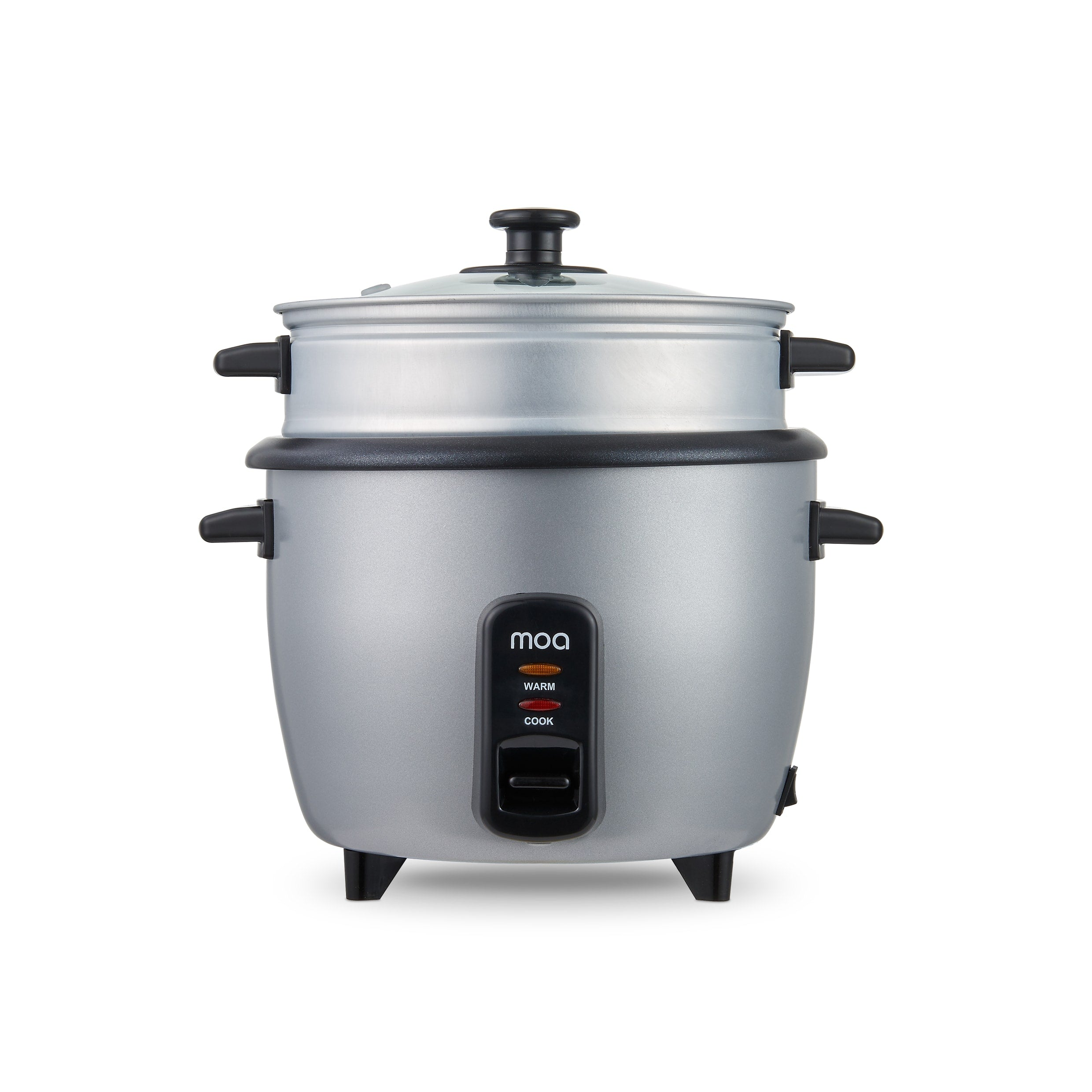 Silver rice cooker with a transparent lid. It has black handles and buttons. The brand name 'moa' is on the front.