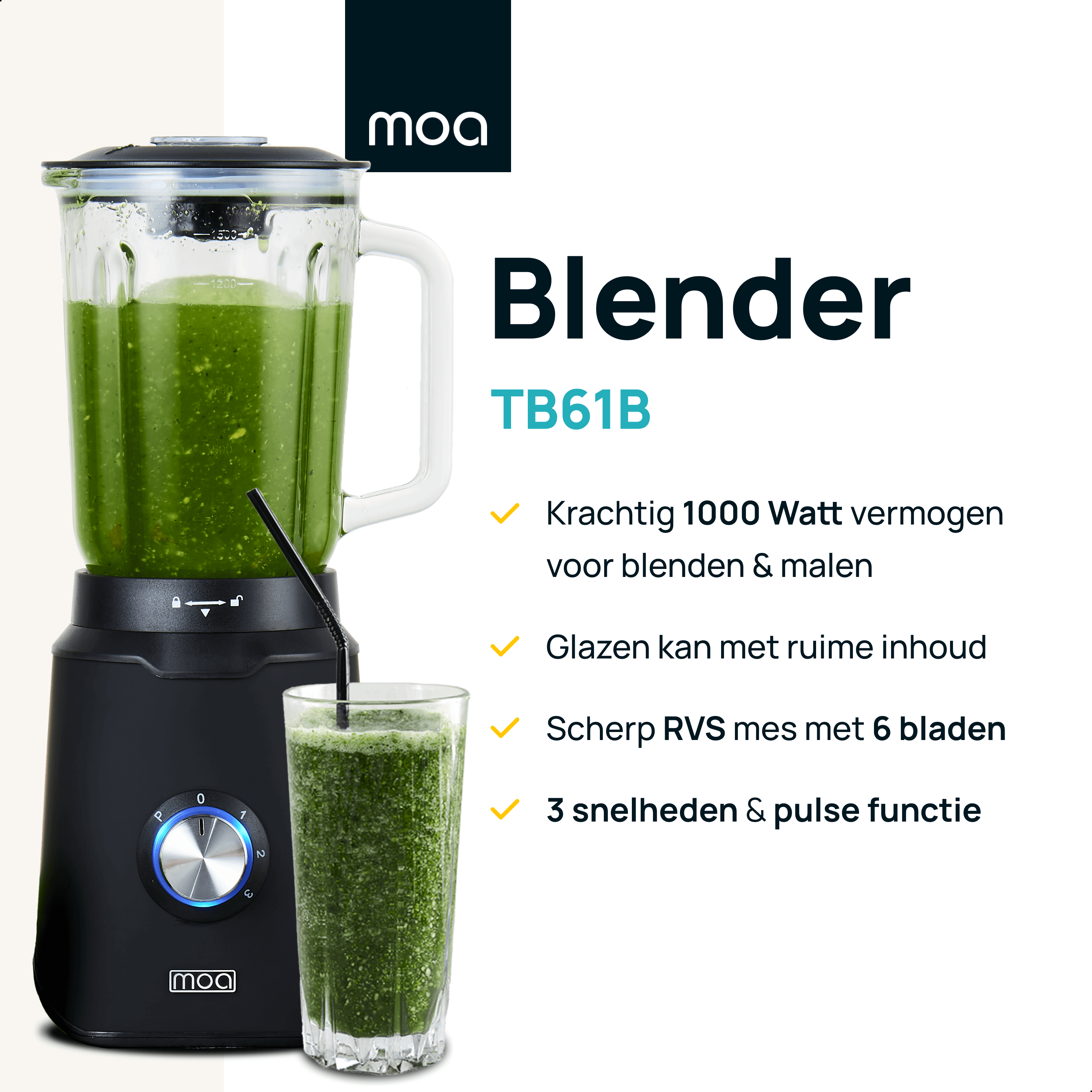 A black blender with a glass jar filled with green smoothie and a glass with straw.
