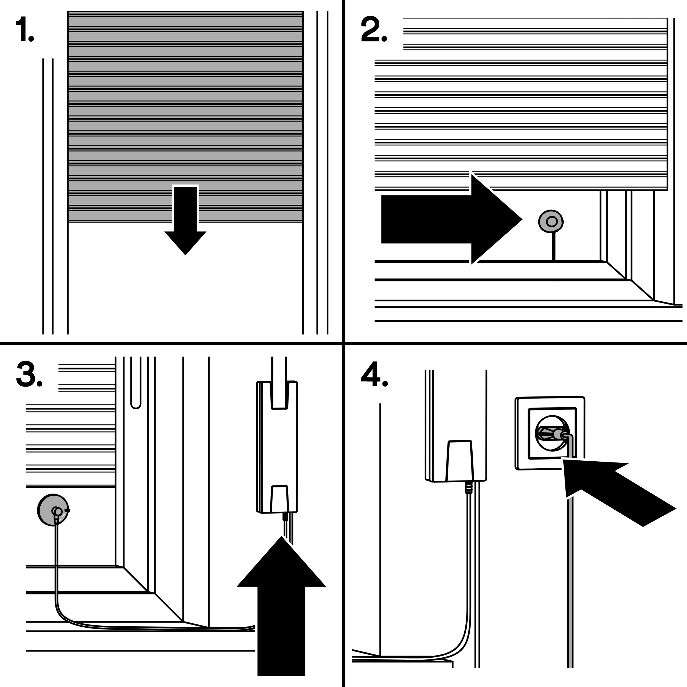 Vier Bilder, die die Installation eines Blinds detailliert darstellen und Schritte zum Sichern und Verdrahten zeigen.