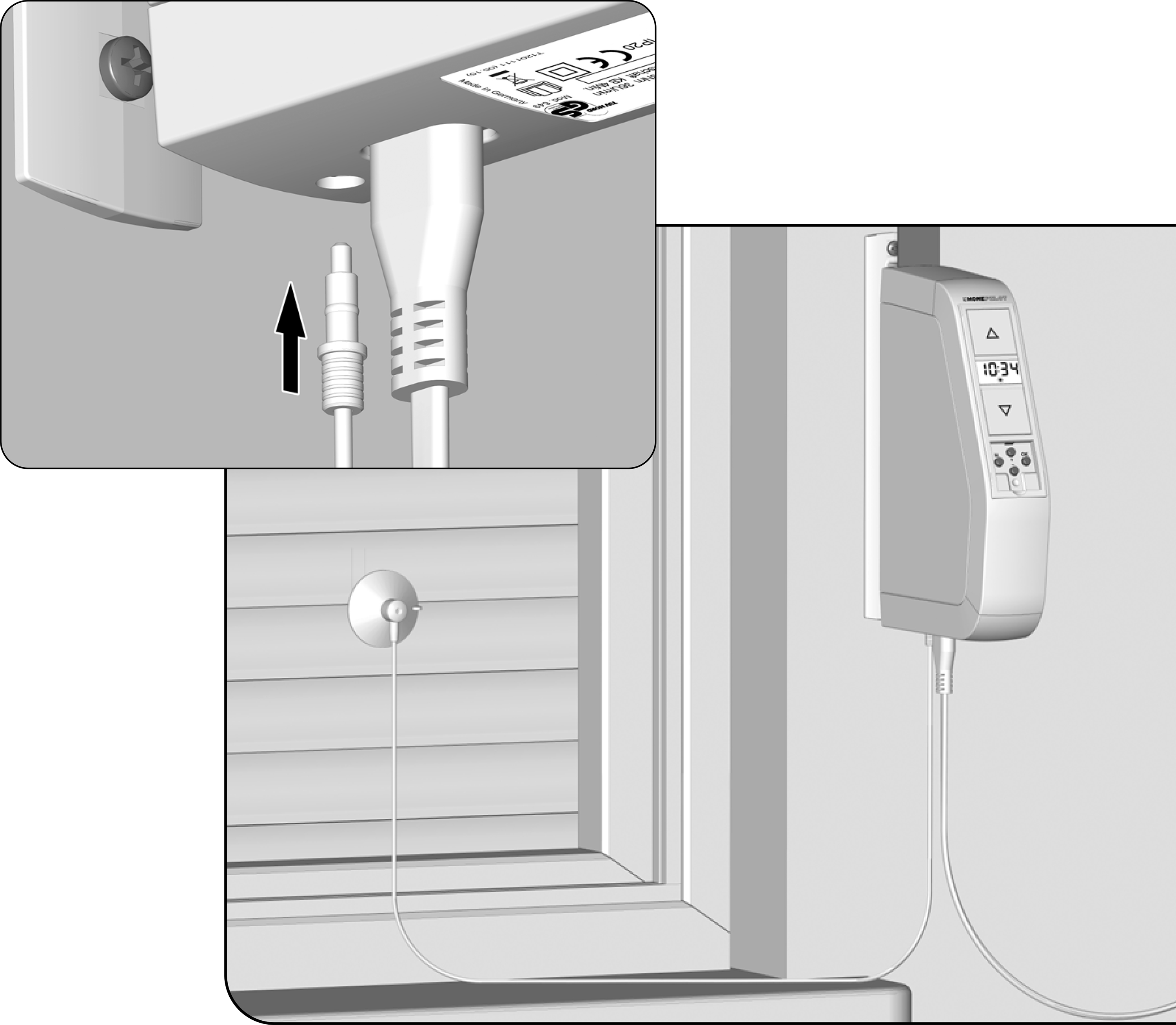 Nahaufnahme der Verkabelung, eines Bedienfelds und eines Fensters mit Jalousien.