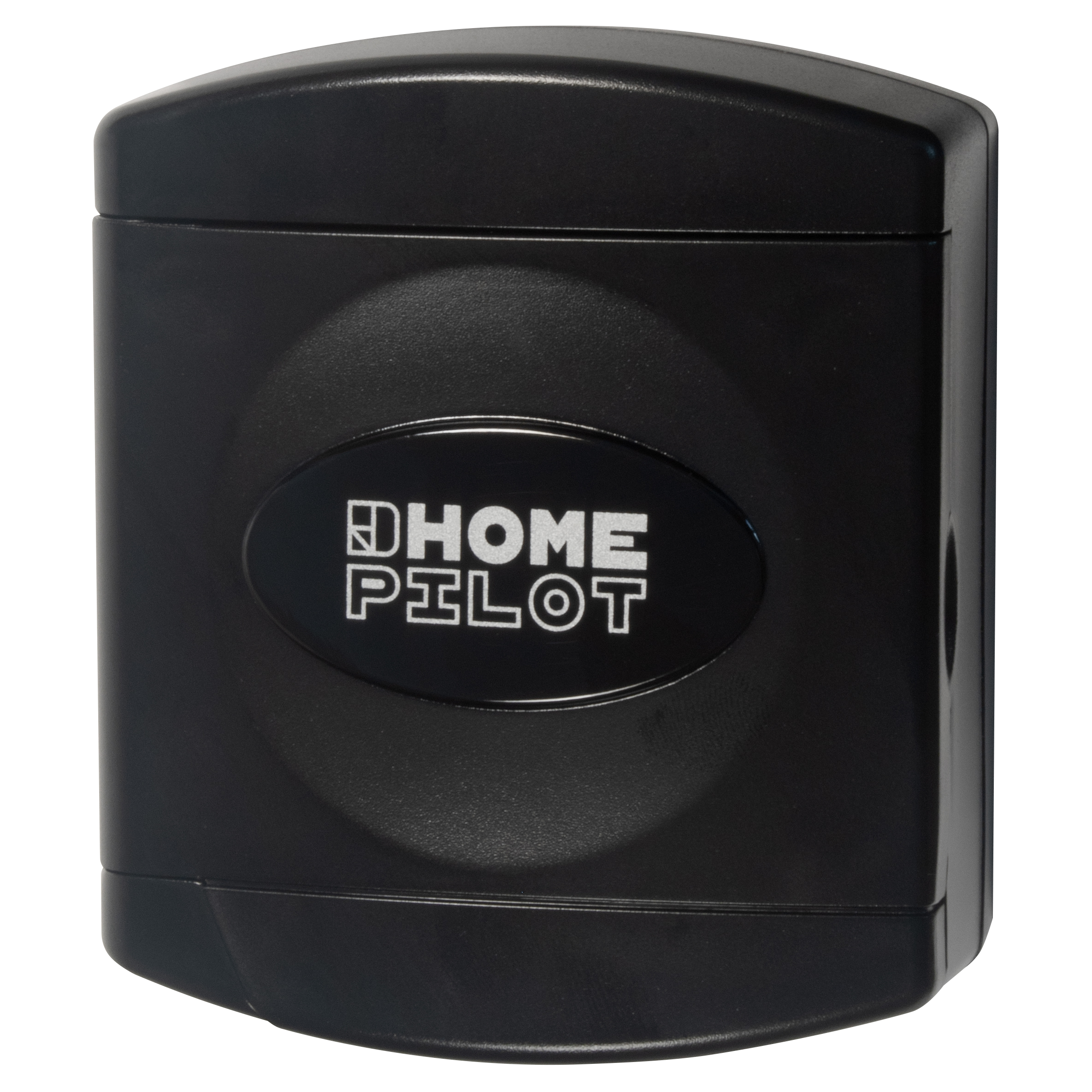 Schwarzes Home Pilot Gerät mit Logo auf weißem Hintergrund. Quadratisches Design.
