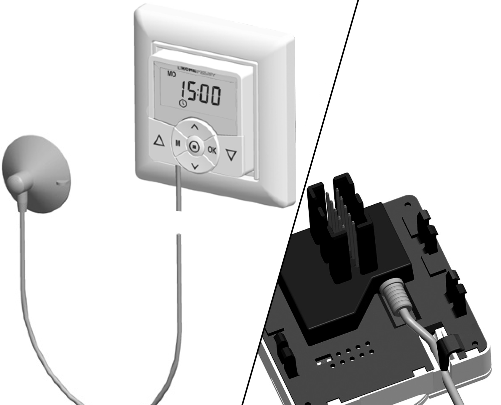 Zwei Teile eines Geräts, ein Timer und eine separate Basis. Der Timer ist weiß und digital.