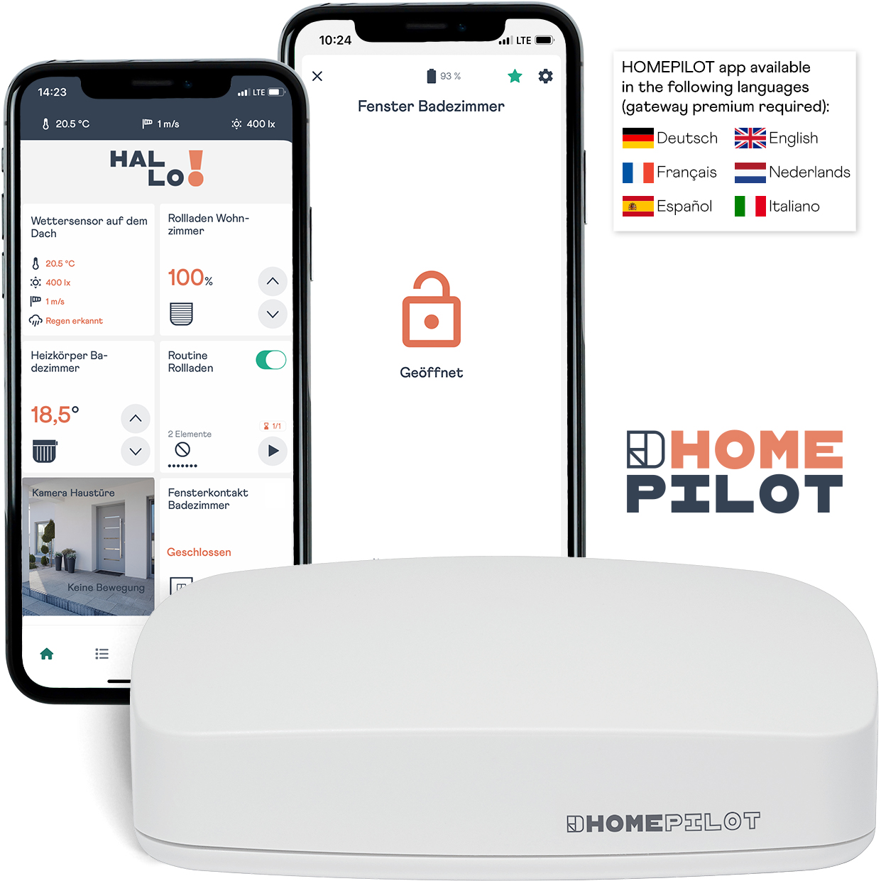 Zwei Smartphones mit Apps, eine weiße Basis und Sprachoptionen.