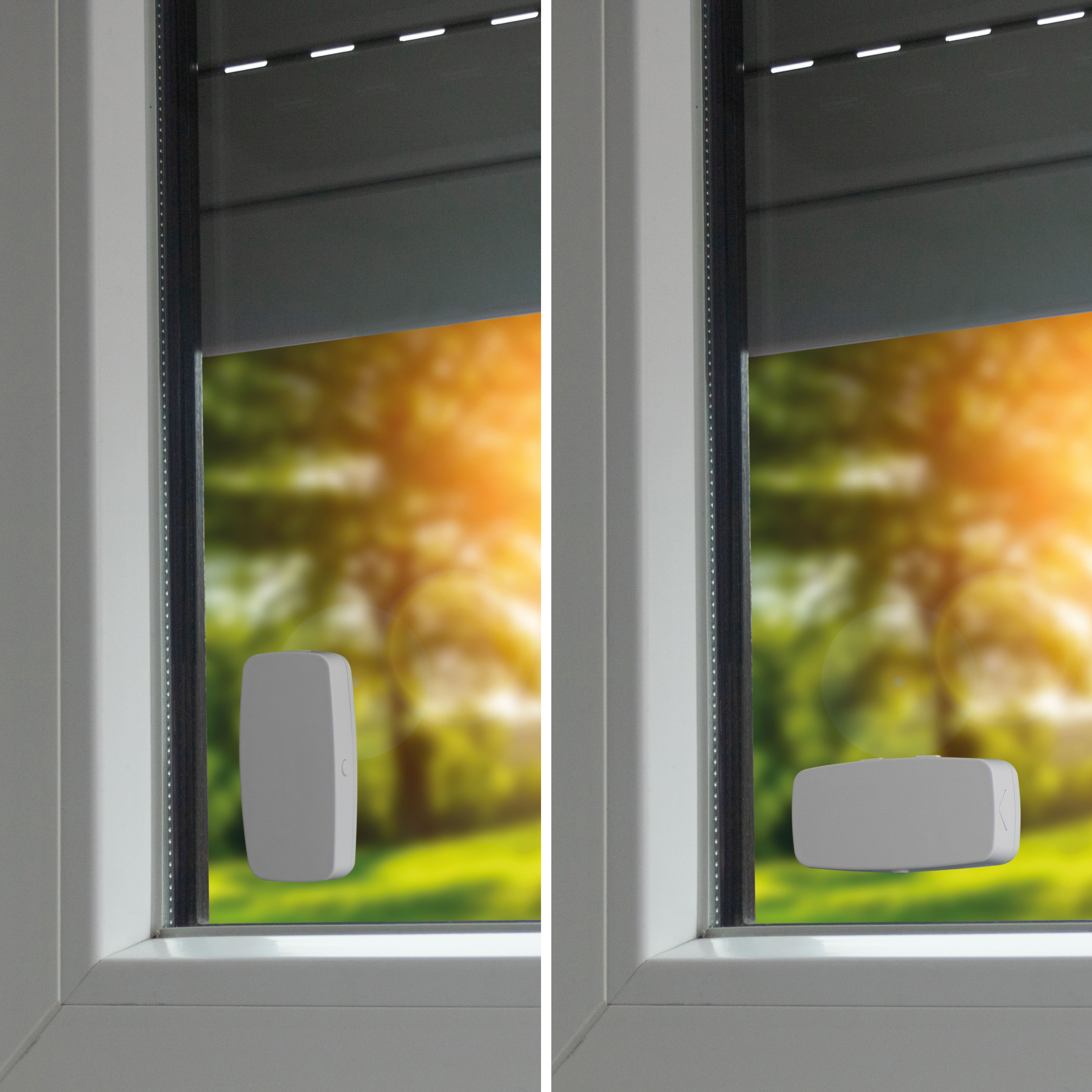 Zwei Bilder zeigen Fenster mit grauem Gerät, unscharfer Hintergrund sonniger Szene.