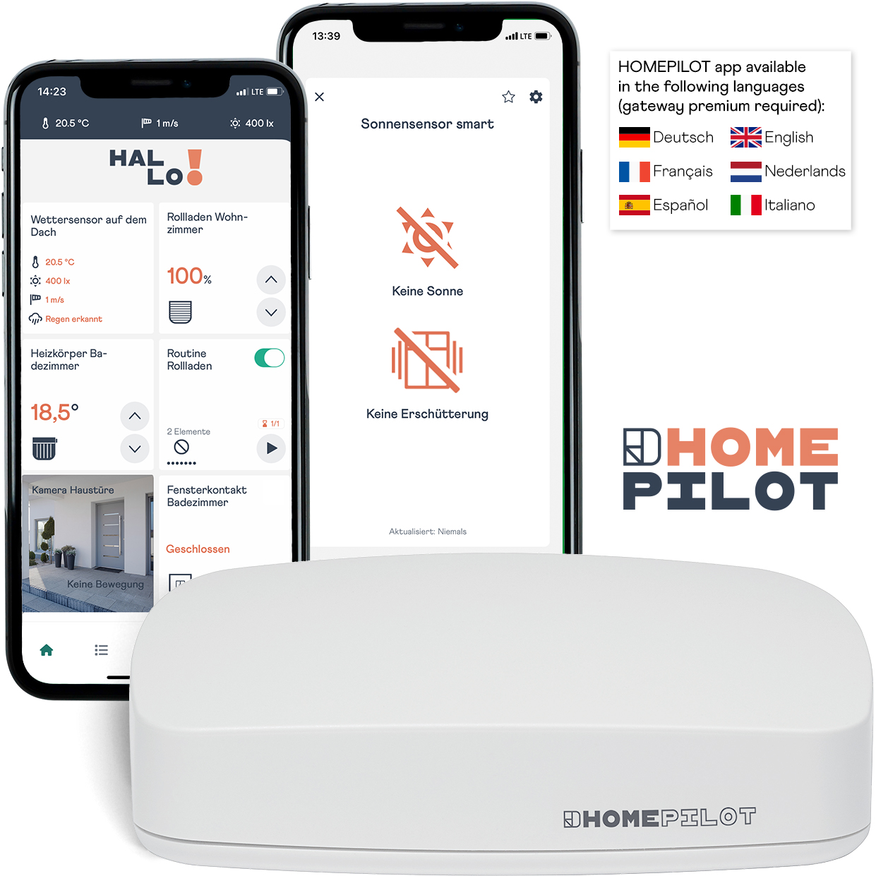 Drei Smartphones mit der HomePilot-App. Die App zeigt Smart-Home-Funktionen und verfügbare Sprachen.