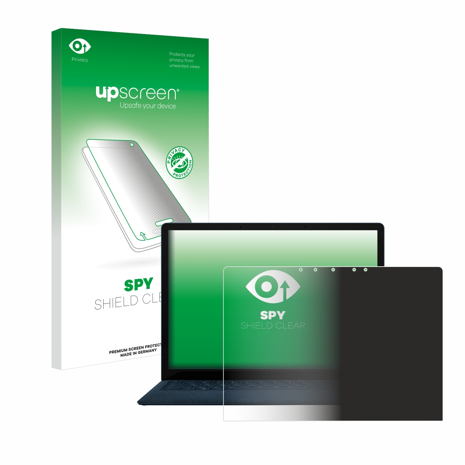 Ein Laptop mit Displayschutzfolie und eine Displayschutzfolien-Verpackung auf der linken Seite.