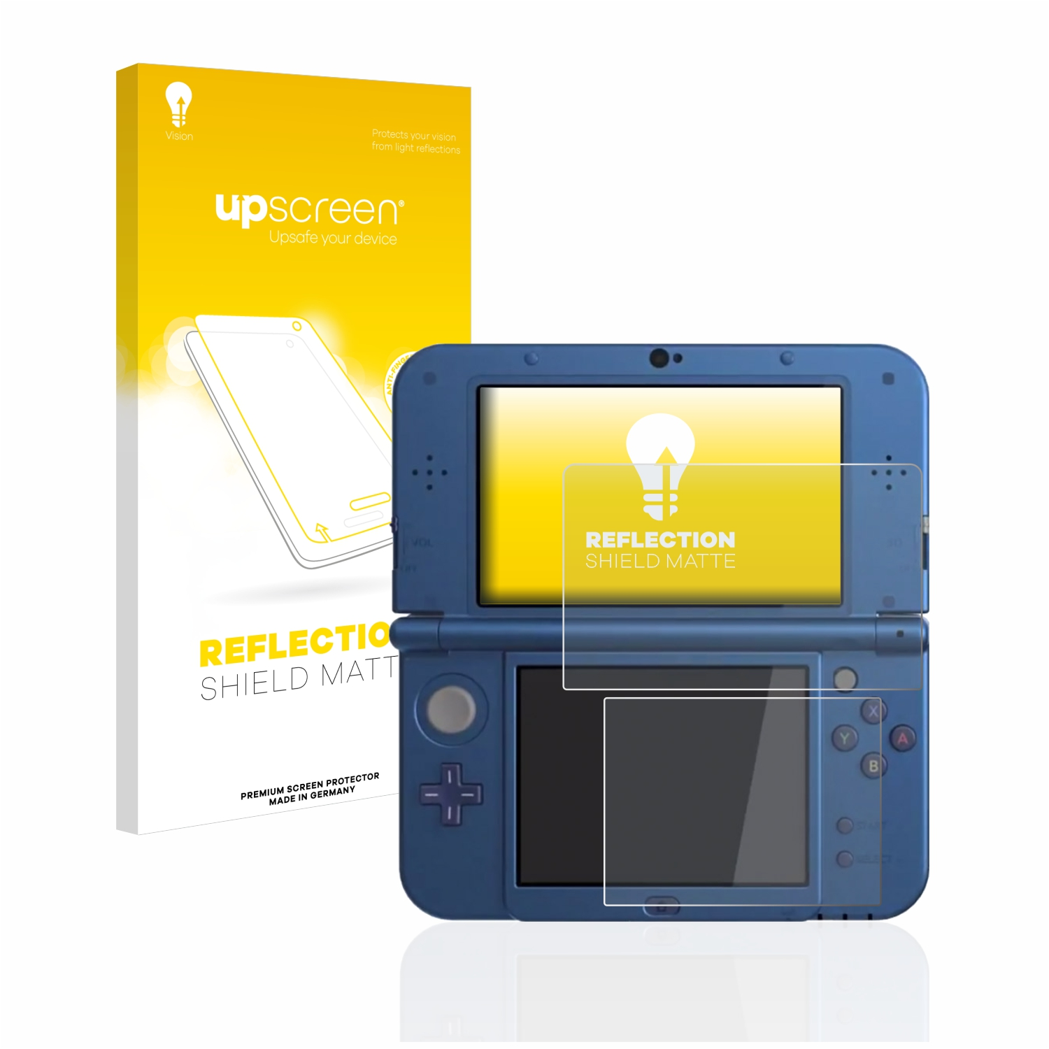 Blaues Nintendo 3DS mit Displayschutzfolie und Box. Text: 'Reflection Shield Matte'.