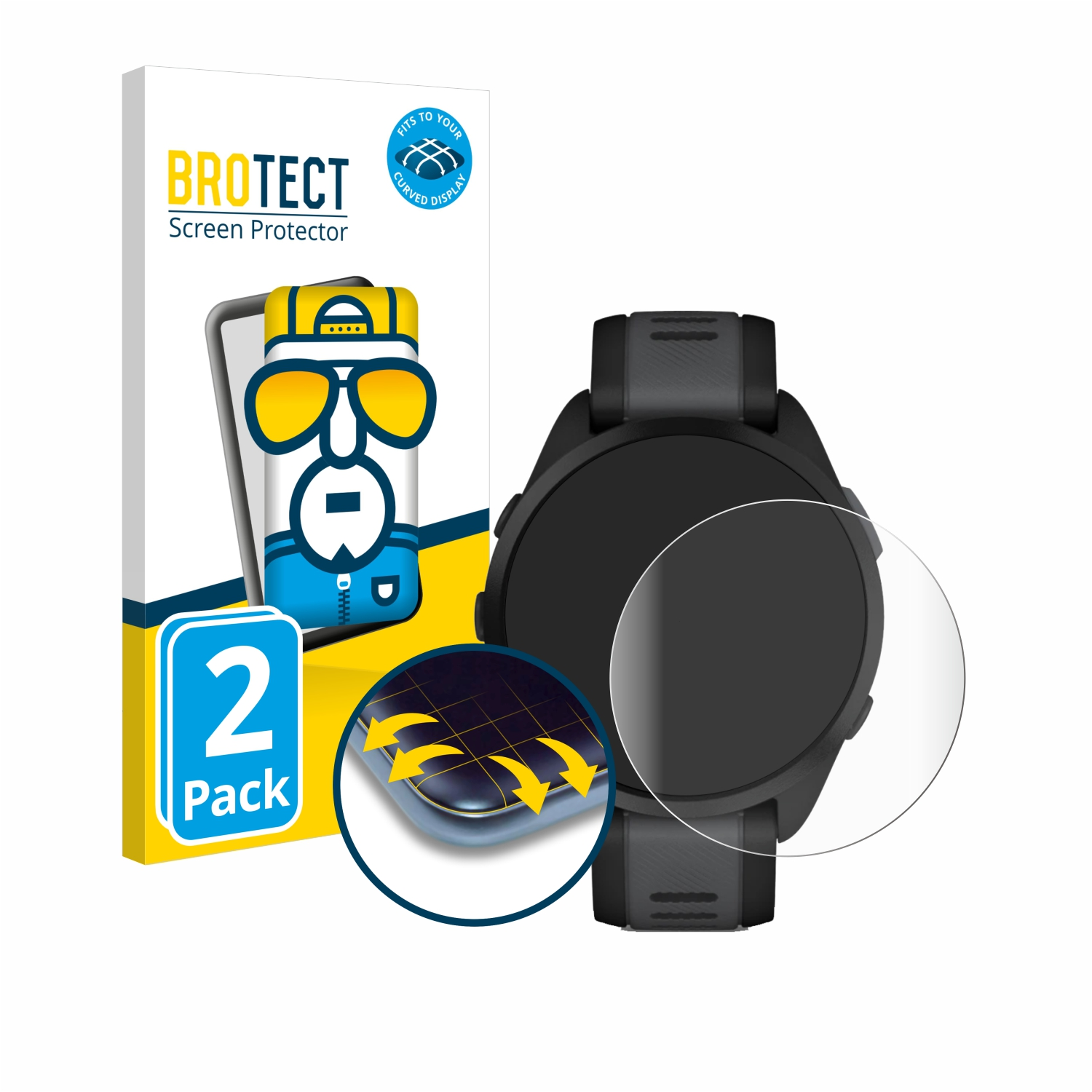 Smartwatch mit Displayschutz, Box mit 'BROTECT' und gekrümmtem Display.