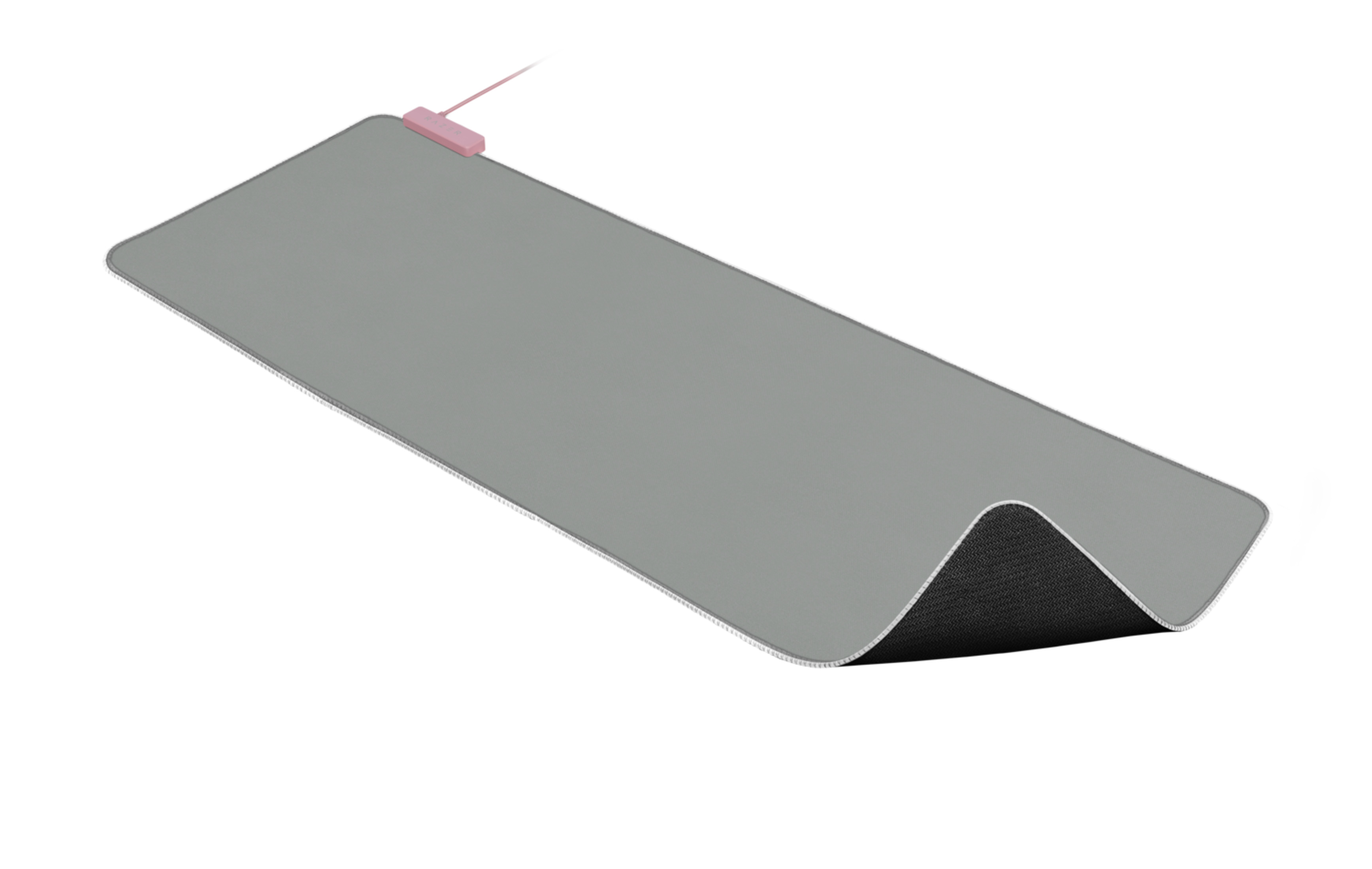 A gray extended mousepad with a pink USB cable is shown. The mousepad is on a white surface.