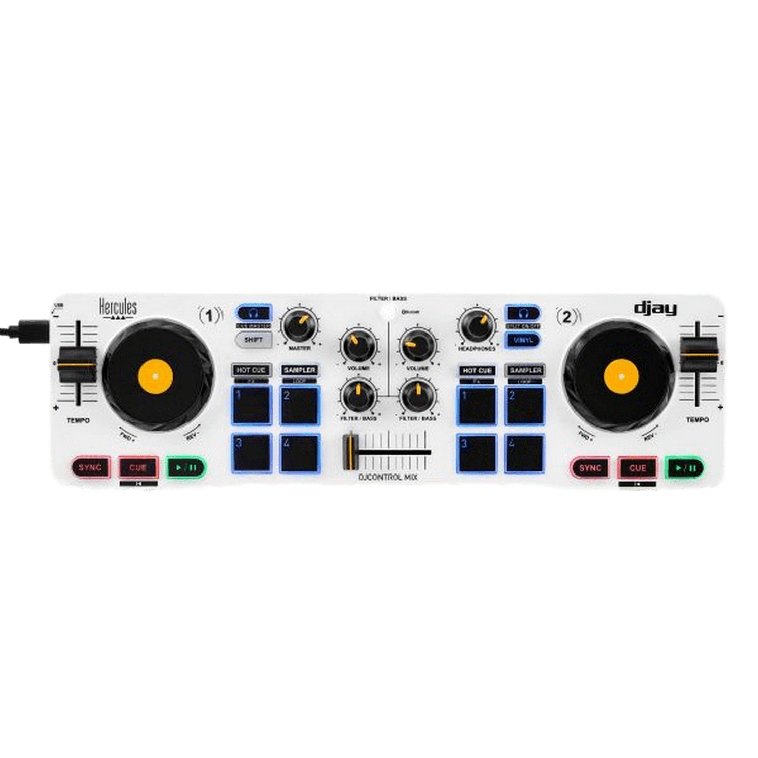 Een witte DJ-mixer met twee zwarte draaitafels, gemarkeerd met knoppen en knoppen.